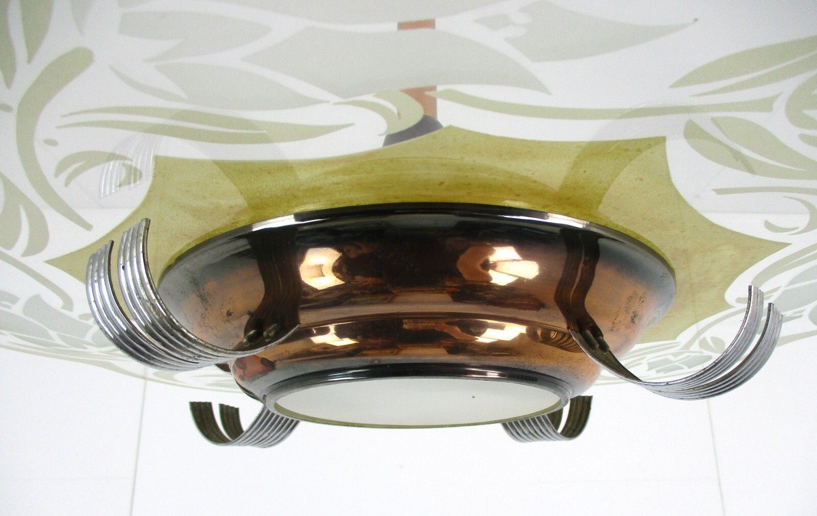 Antique French Art Deco Chandelier Pendant Glass Shade Red Copper 2 Lights photo vinterior