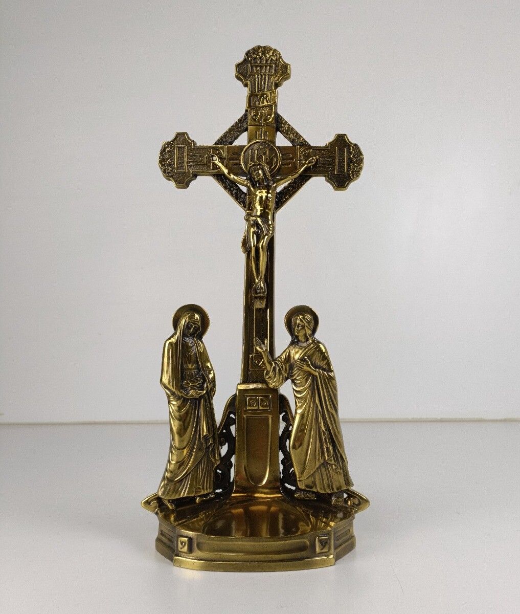 Standing Crucifix Spelter Cross Crucifixion Jesus Christ Golgotha Calvary Vintag photo furniture