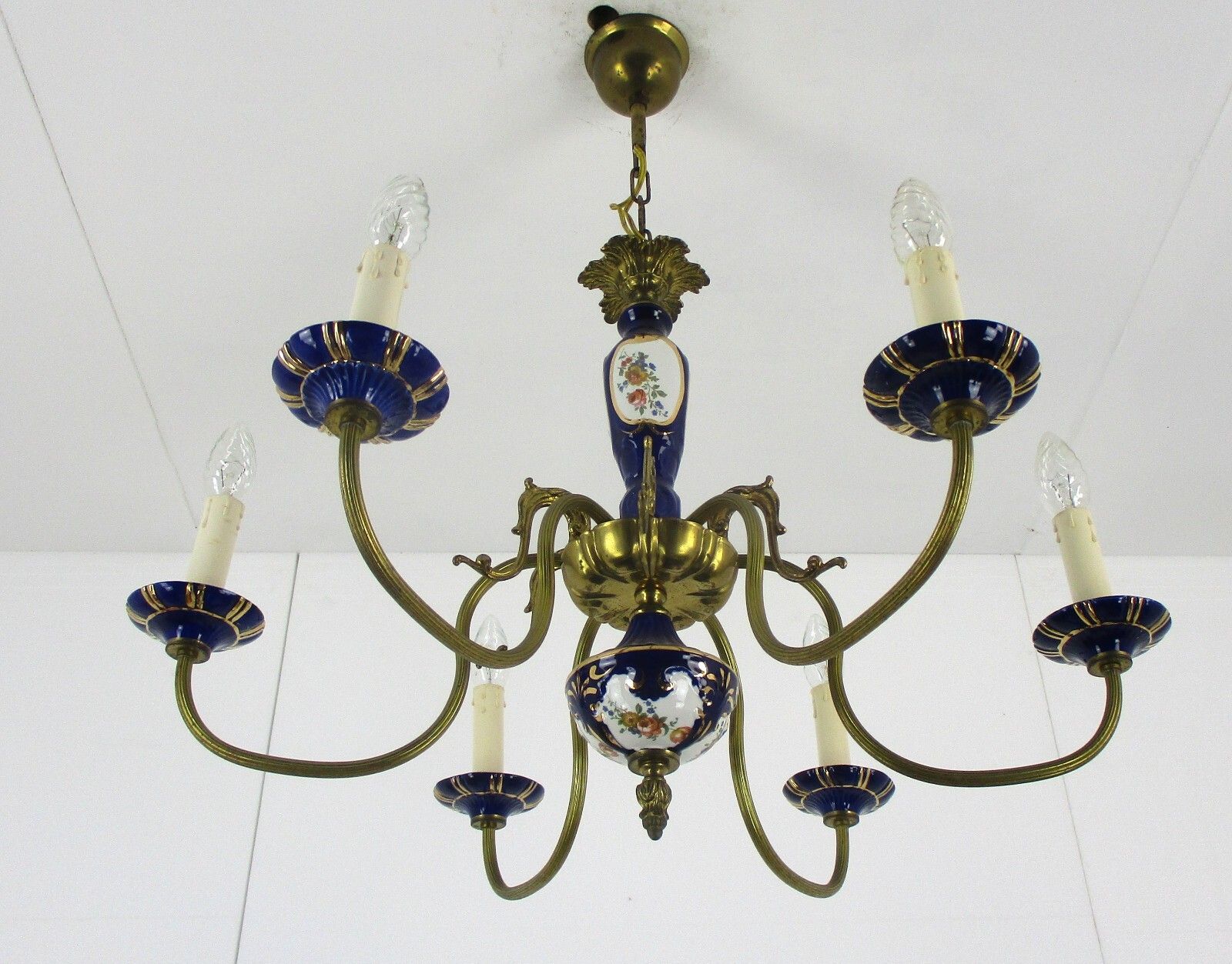 Chandelier 6 Arms Lights Ceramic Porcelain Ceramic Brass Italian Blue Gold Fish photo for sale
