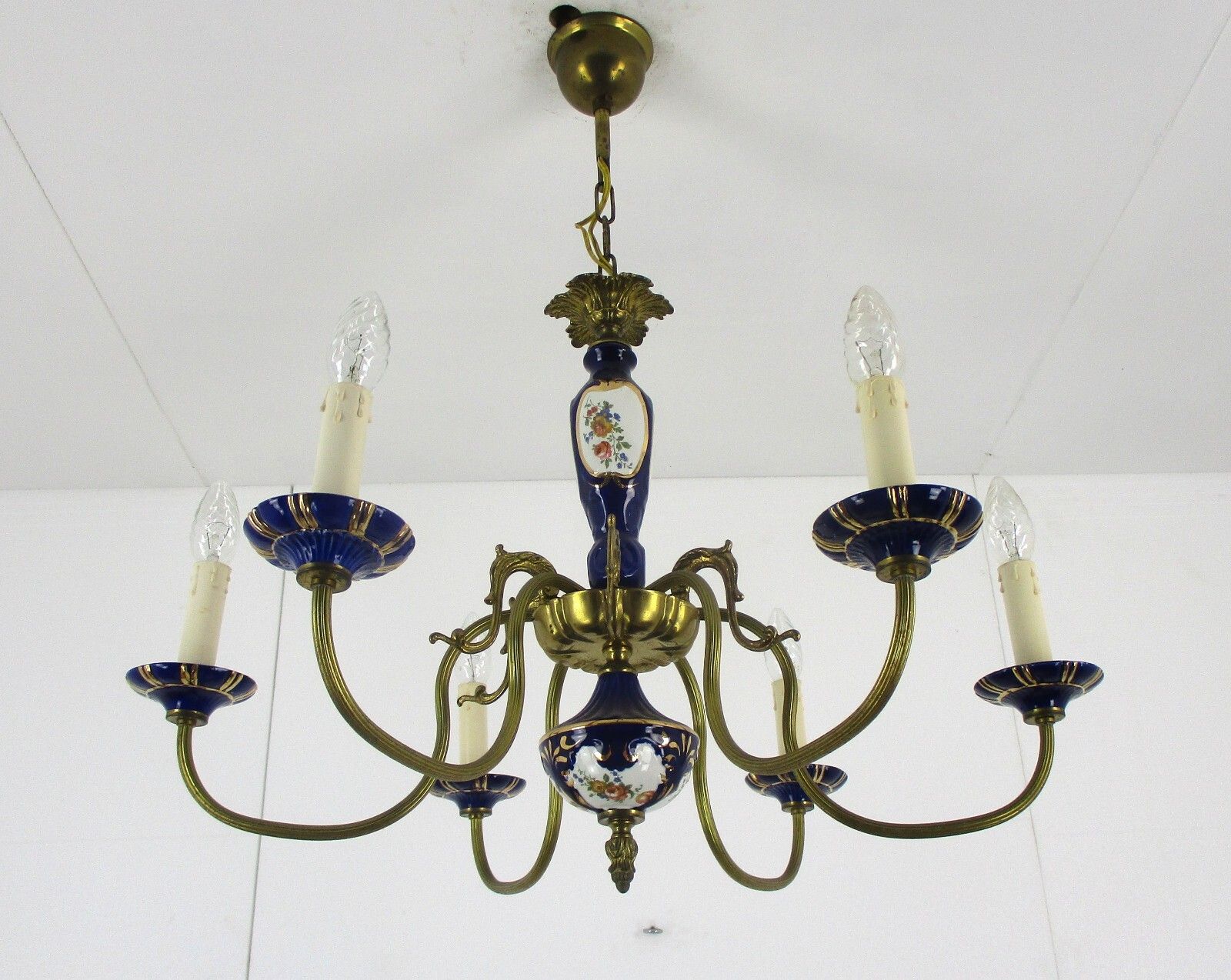 Chandelier 6 Arms Lights Ceramic Porcelain Ceramic Brass Italian Blue Gold Fish photo Lighting