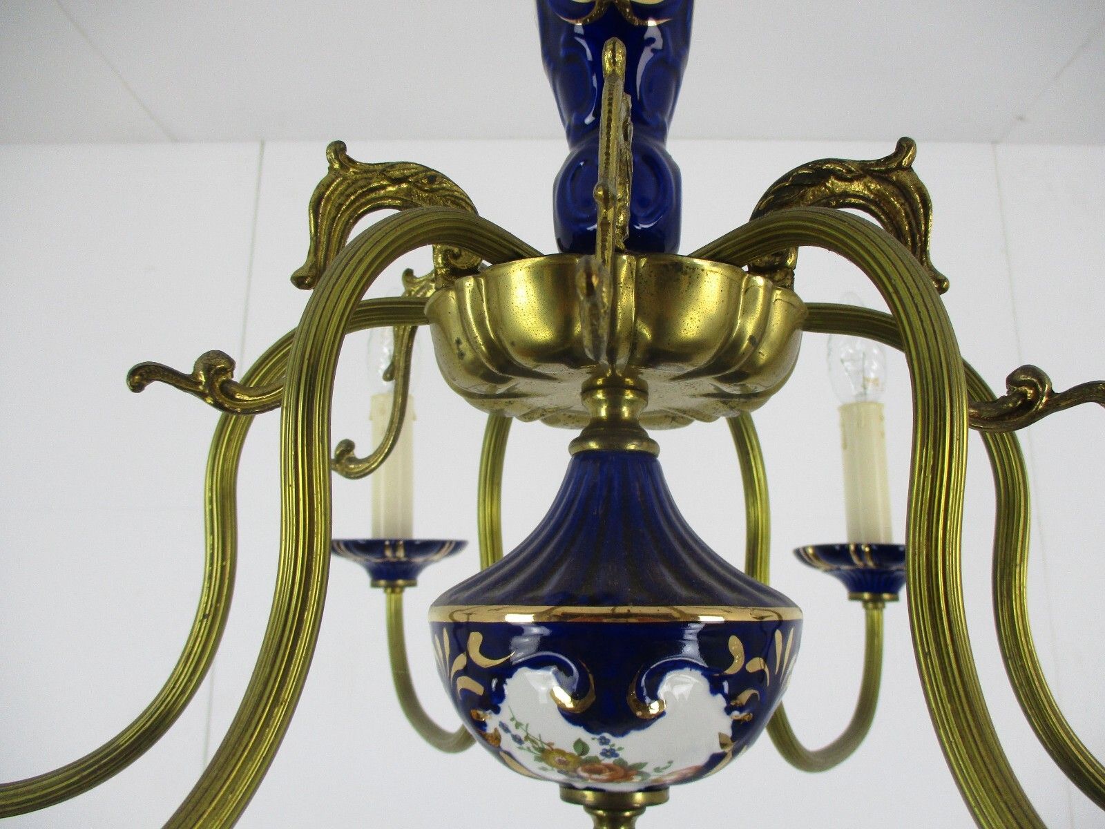 Chandelier 6 Arms Lights Ceramic Porcelain Ceramic Brass Italian Blue Gold Fish photo vinterior