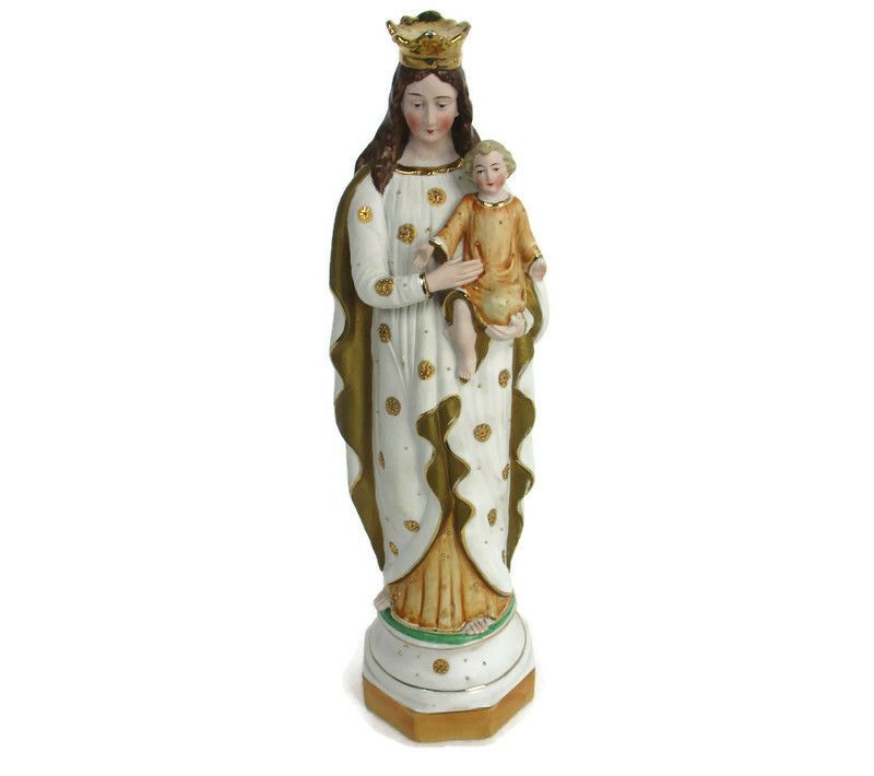 Antique Porcelain Bisque Statue Virgin Mary Our Lady Madonna Infant Jesus  Htf