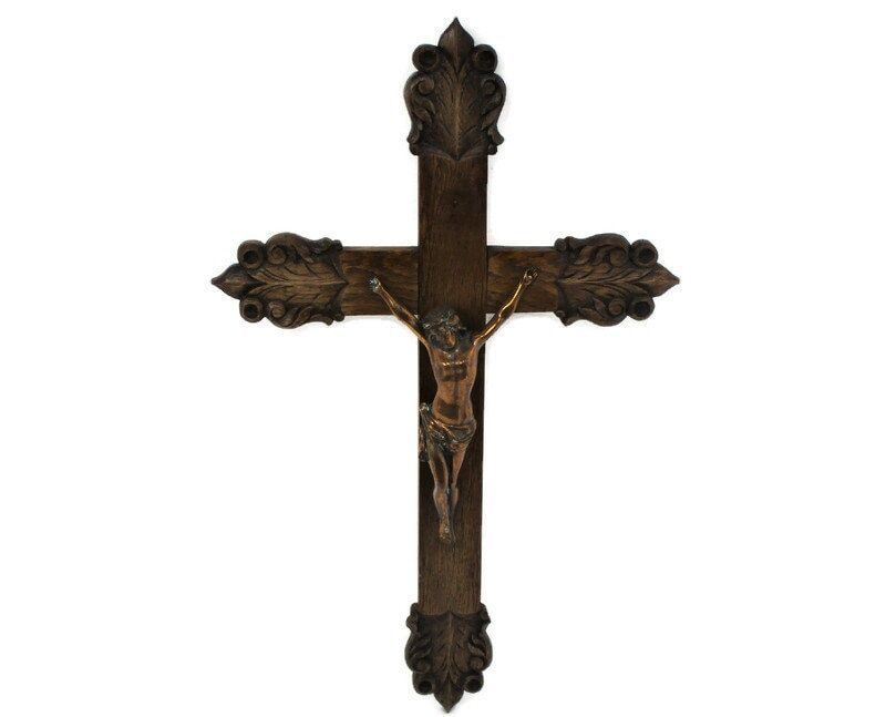 Large Hand Carved Wood Oak Ornate Hanging Crucifix Cross Jesus Christ Brass Corp
