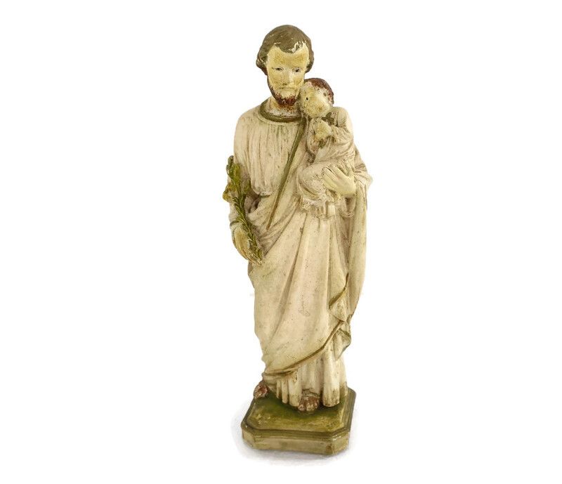 Statue Saint Joseph Protector Of Homes  Infant Jesus Statue  Lillies Plaster Vin