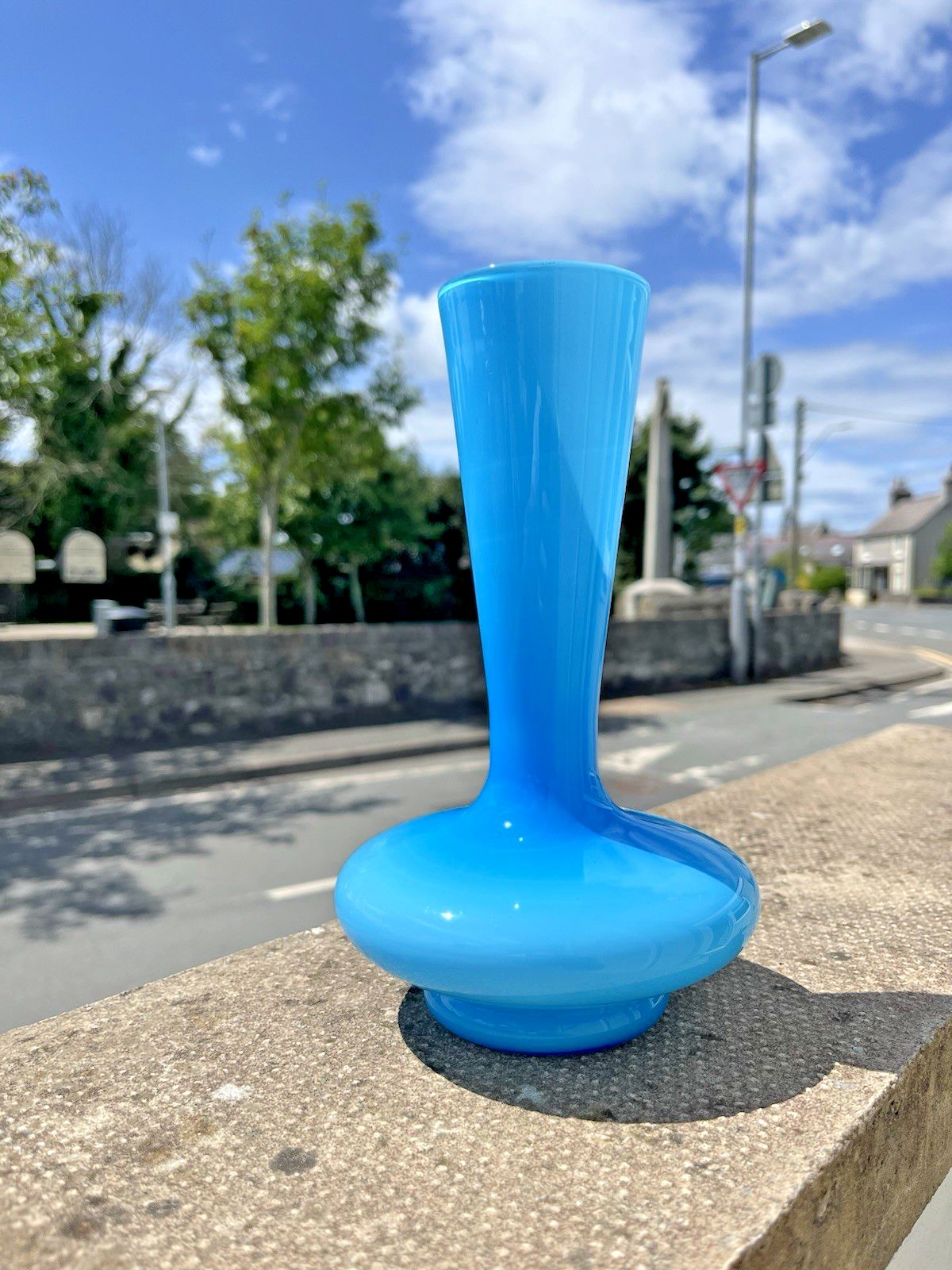 Space Age Sky Blue Italian Empoli Cased Glass Vase 70's Mid Century Scandi Style photo furniture