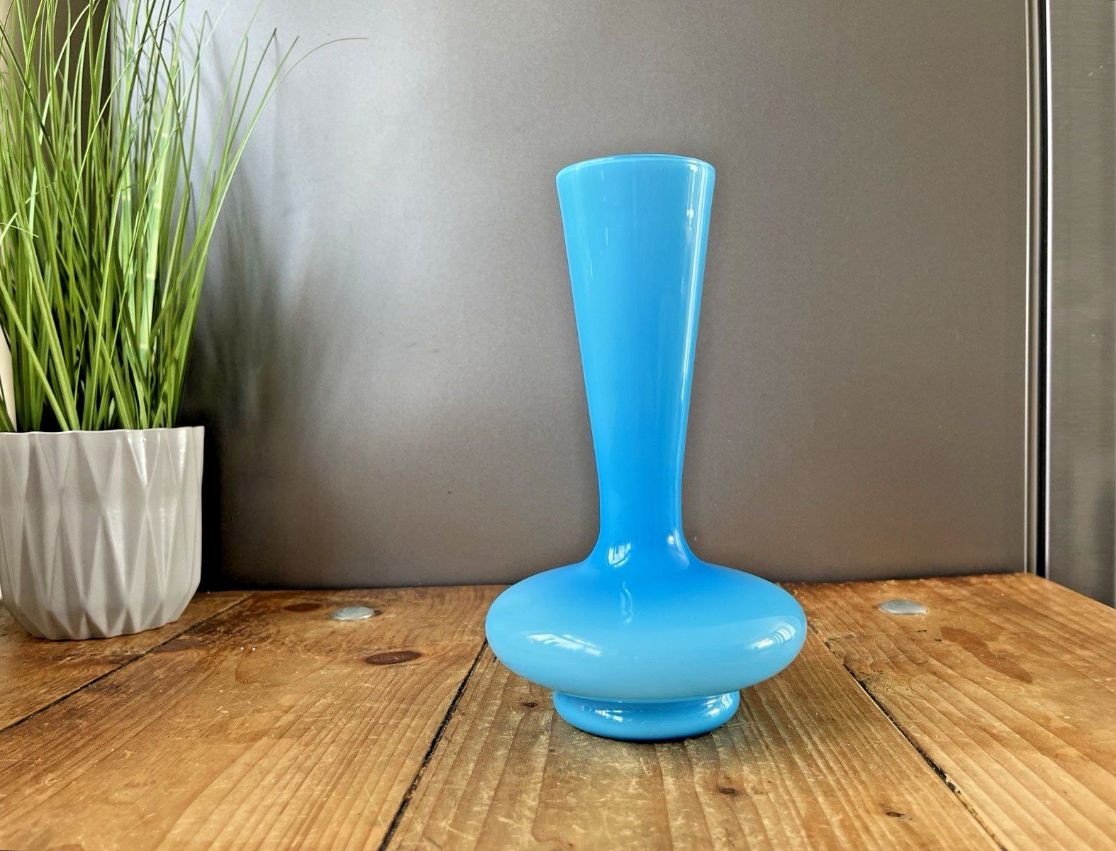 Home Decor Space Age Sky Blue Italian Empoli Cased Glass Vase 70's Mid Century Scandi Style photo
