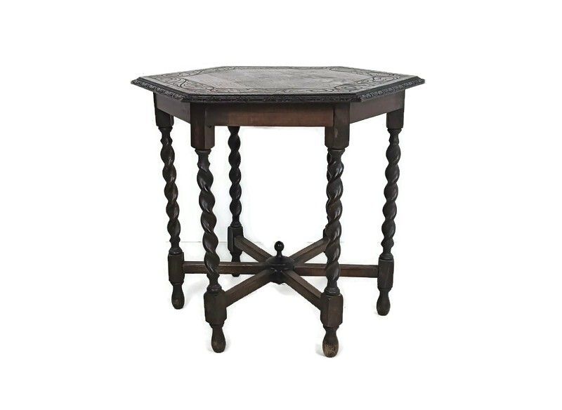 Side Occasional Coffee Table Hand Carved Wood Barley Twist Ornate Sextagon Beaut