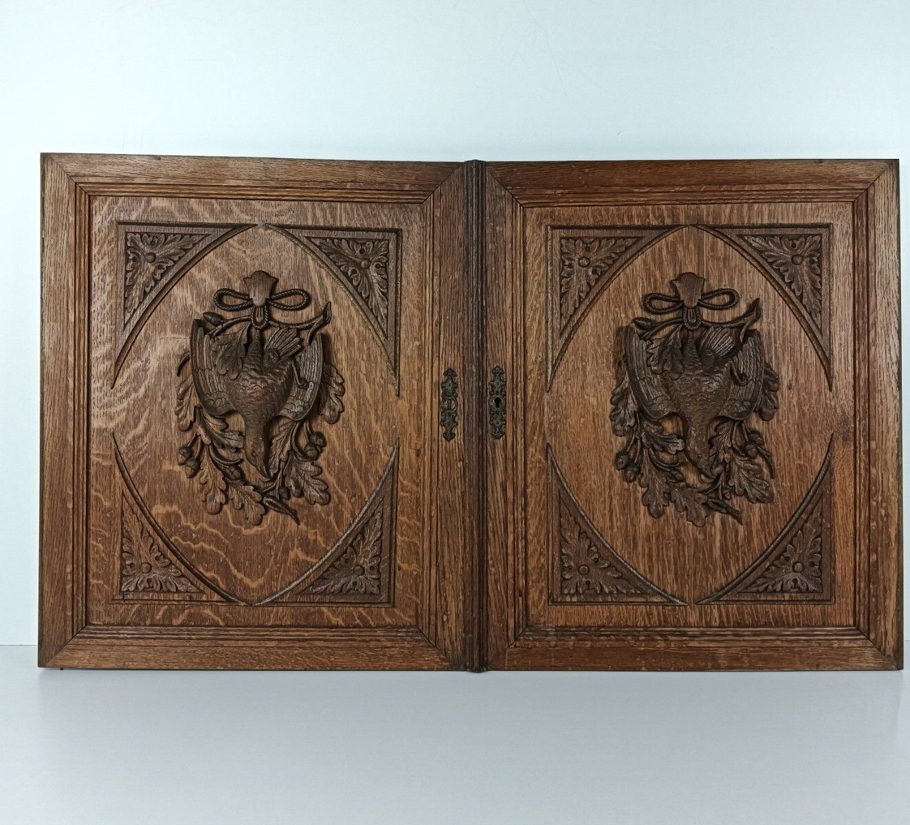 Pair Door Panels Antique Hand Carved Ornate Hunting Pheasants Architectural Salv photo for sale