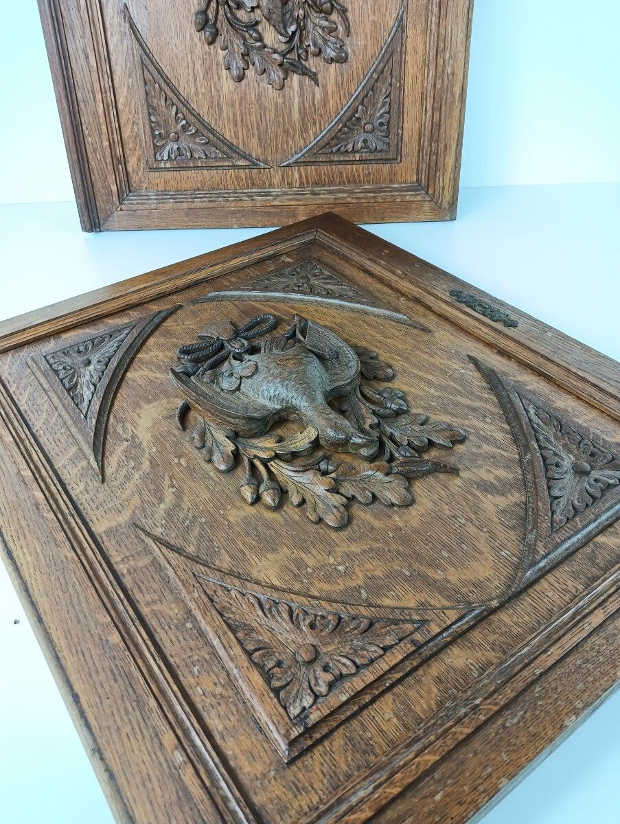 photo furniture Pair Door Panels Antique Hand Carved Ornate Hunting Pheasants Architectural Salv