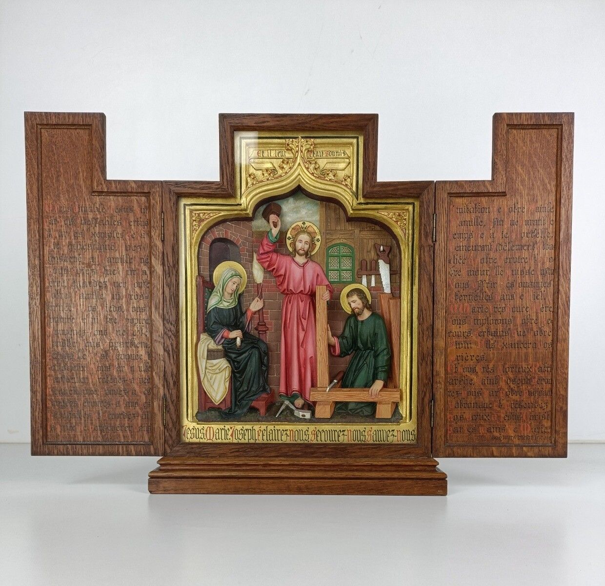 Triptych Handmade Hand Carved Travel Icon France Plaster Text Oak Holy Family Wo photo furniture