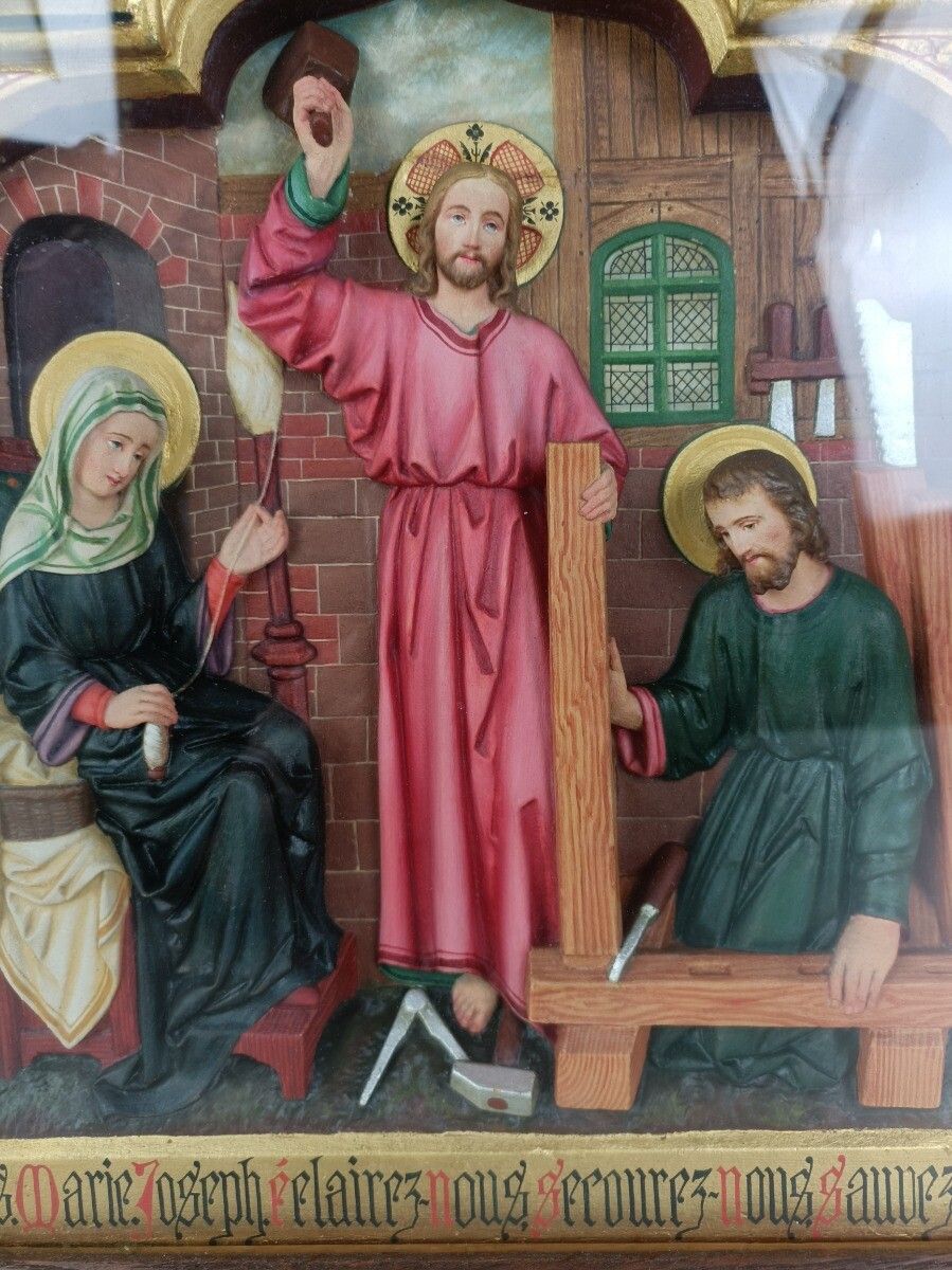 Triptych Handmade Hand Carved Travel Icon France Plaster Text Oak Holy Family Wo photo buy