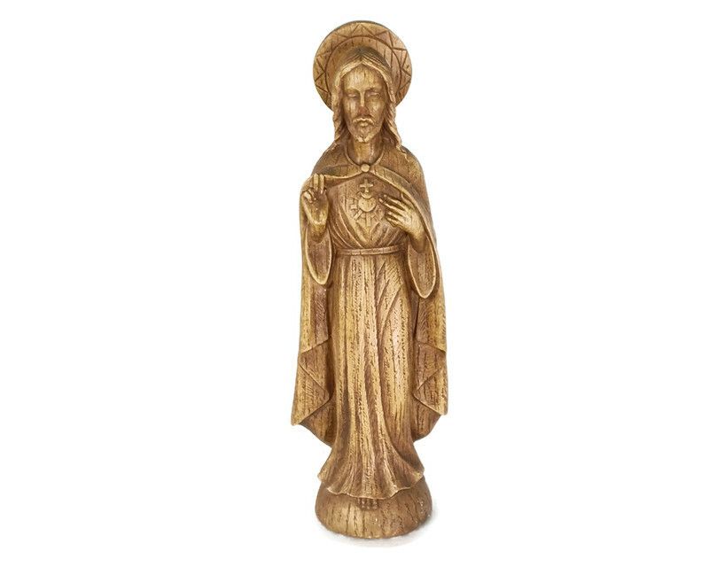 Art Deco Antique Statue Jesus Christ Holy Sacred Heart Plaster Brown Signed S. M