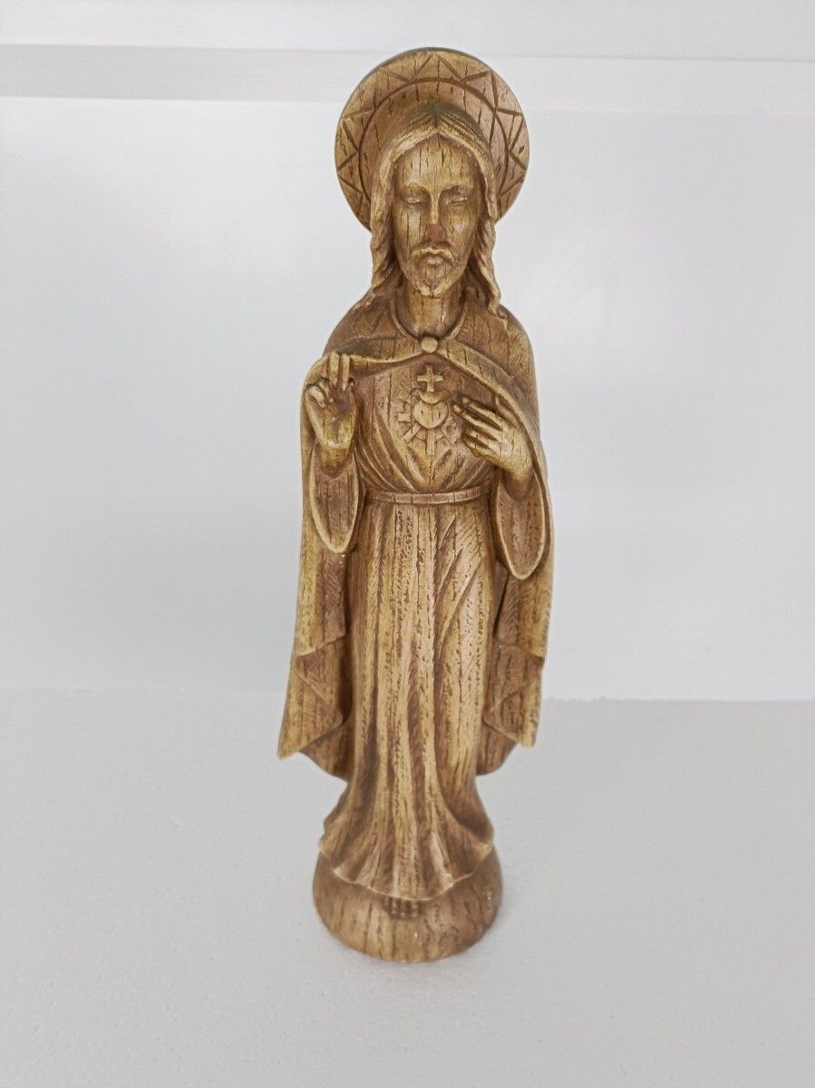 Art Deco Antique Statue Jesus Christ Holy Sacred Heart Plaster Brown Signed S. M photo furniture