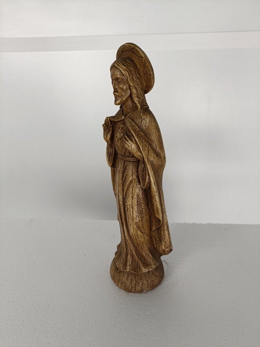 Art Deco Antique Statue Jesus Christ Holy Sacred Heart Plaster Brown Signed S. M photo 113.0