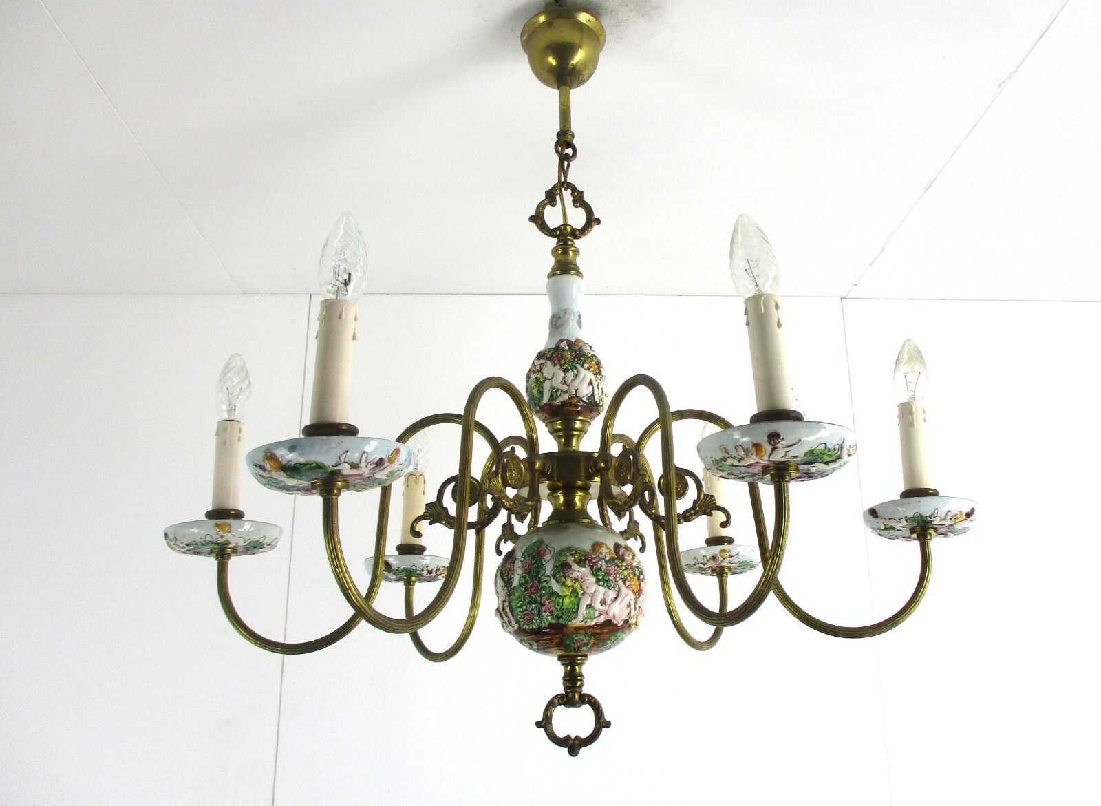 Capodimonte Style Chandelier 6 Arm Italian Porcelain Gorgeous Putti Figurines photo vintage