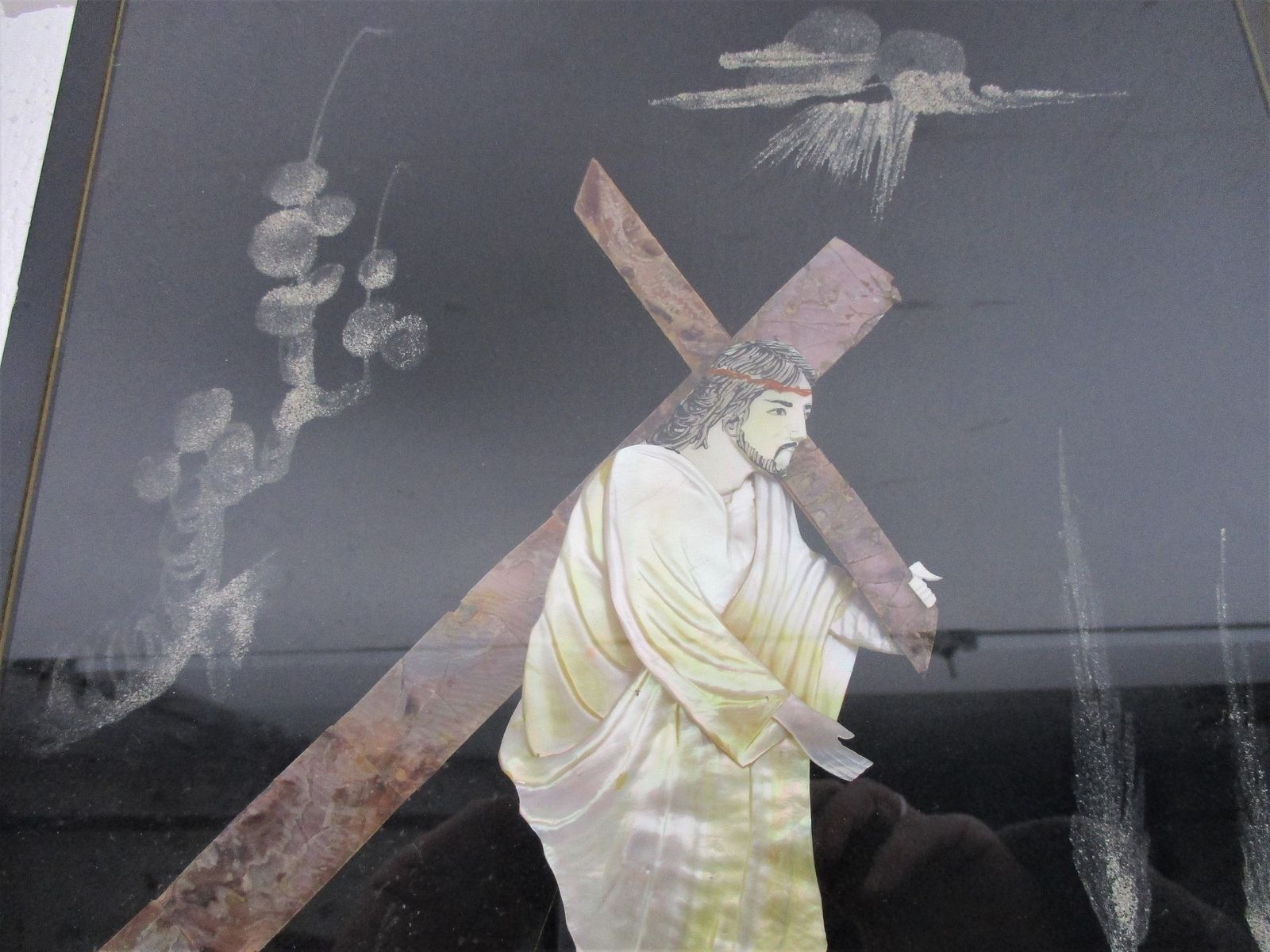 Shadow Box Shrine Wall Glass Panel Lovely Religious Scene Jesus Christ Carrying photo furniture