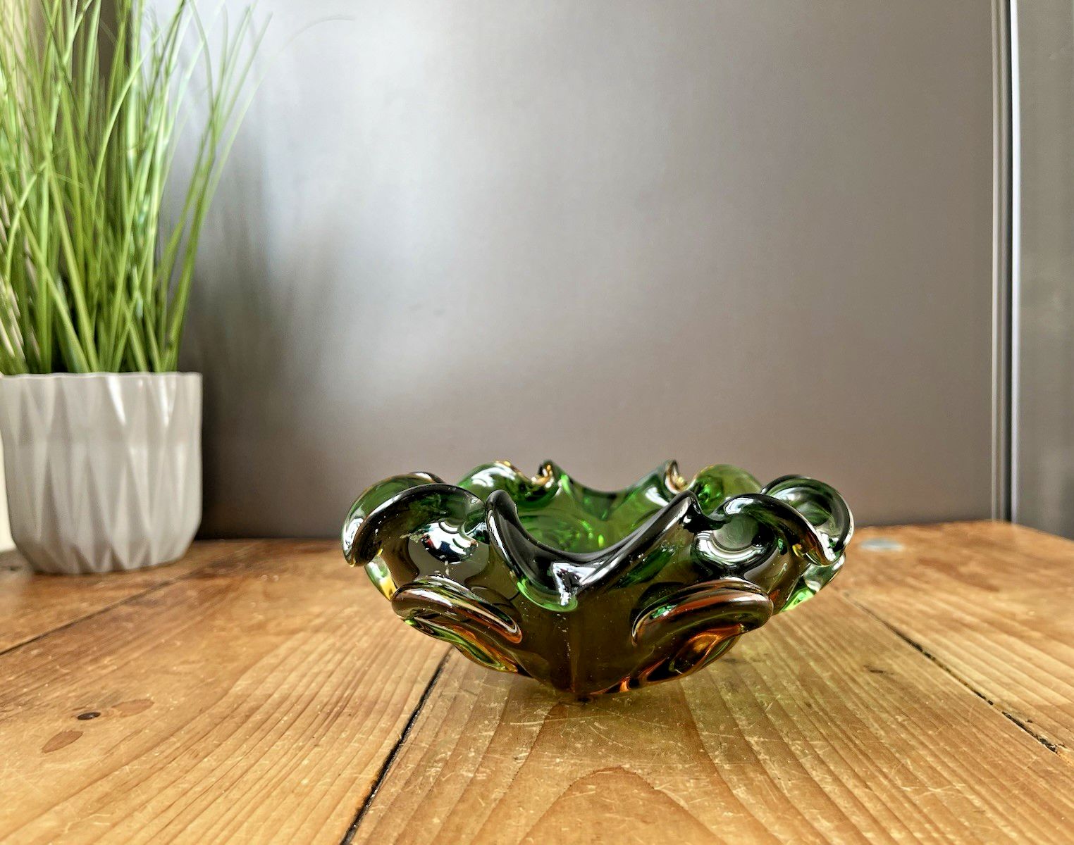 Mid Century Murano Sommerso Green Amber Clear Glass Ashtray Bowl Geode Vintage photo vintage