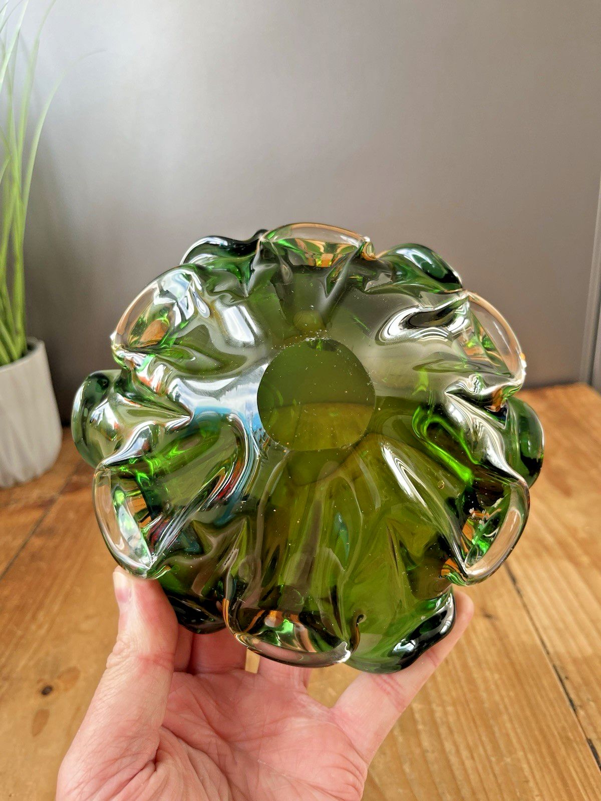 photo for sale Mid Century Murano Sommerso Green Amber Clear Glass Ashtray Bowl Geode Vintage