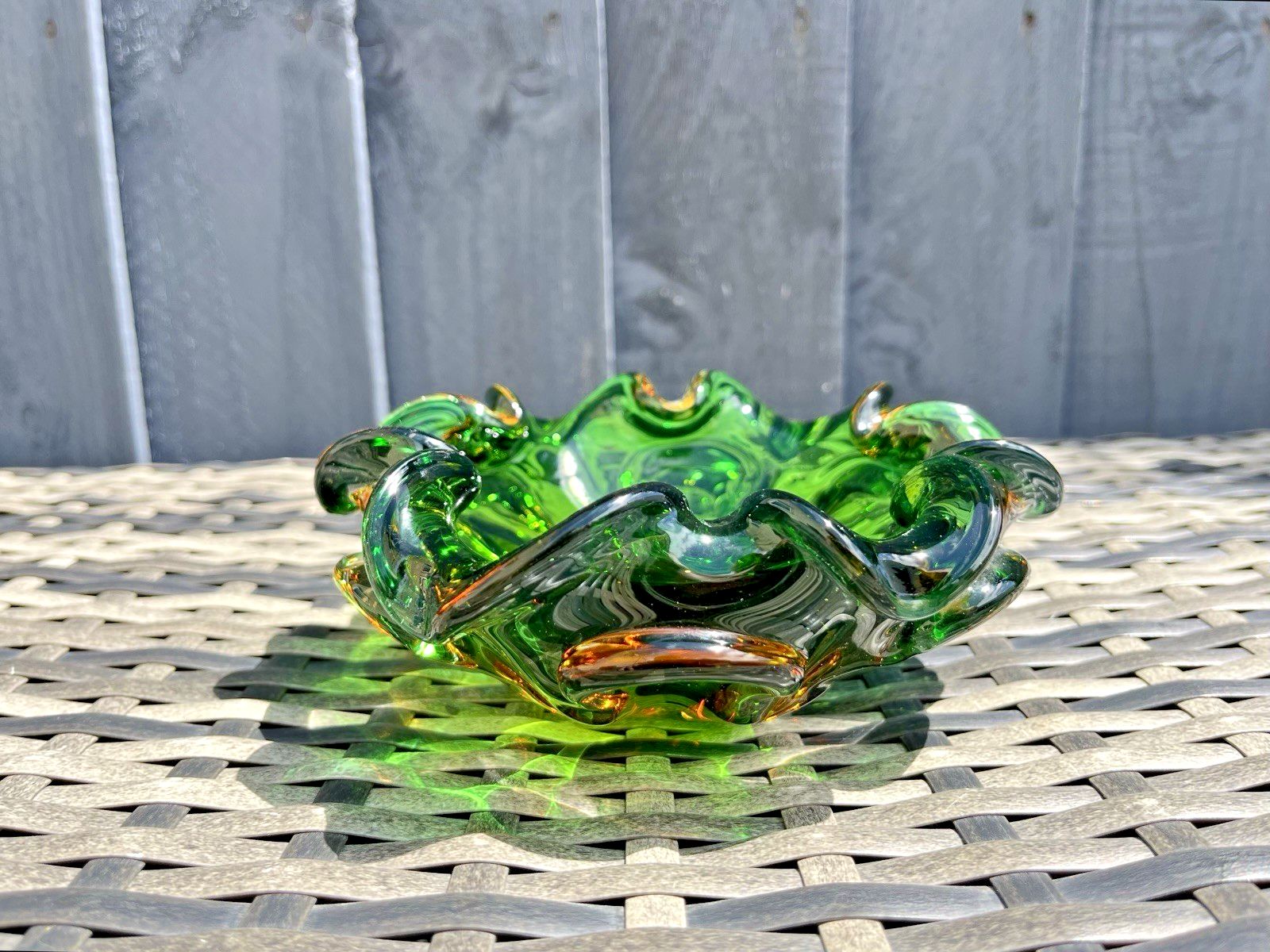 85.0 Mid Century Murano Sommerso Green Amber Clear Glass Ashtray Bowl Geode Vintage photo
