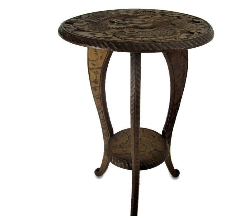 Gothic Asian Style Dragon Hand Carved Wood  Side Display Wine Table Pedestal Pla