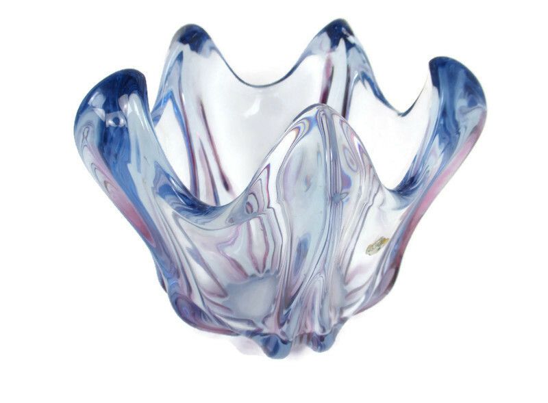 Italian Cranberry Blue Bowl Dish Centerpiece Murano Seguso Art Glass Modernist
