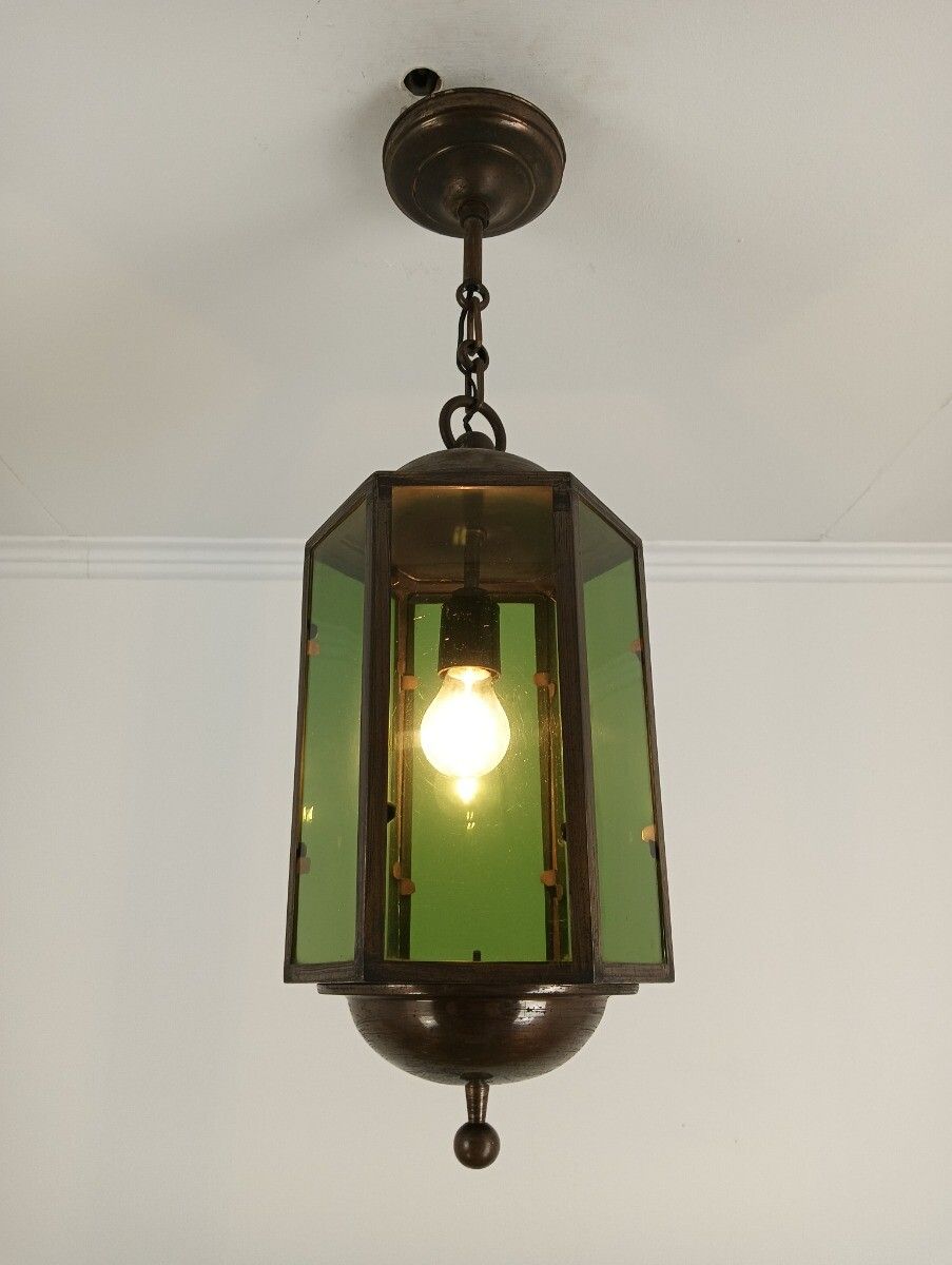 Pendant Lantern Chandelier Green Art Glass Ceiling Light Brass Beautiful Brass photo vintage