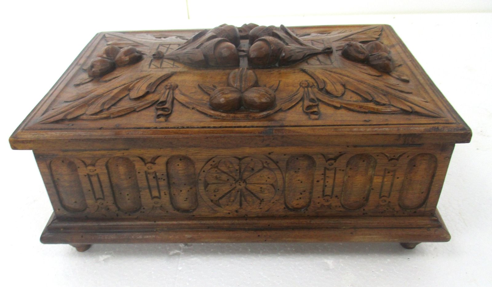 Hand Carved Wooden Trinket  Box Ornate Antique Breton Large High Relief Stunning photo vintage