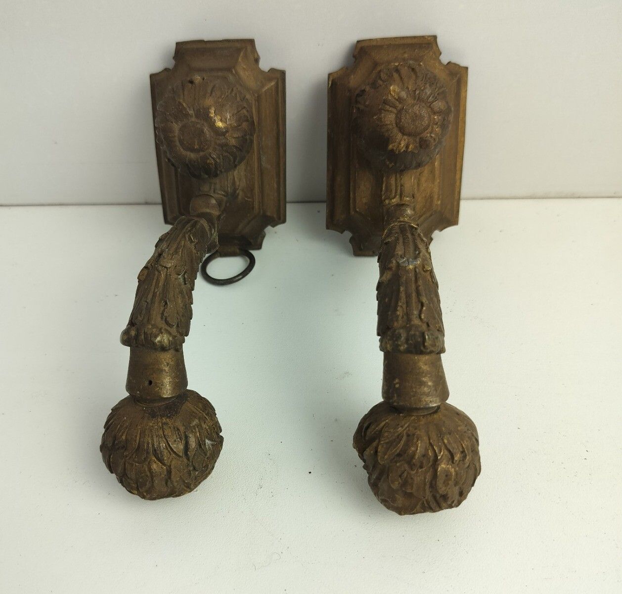 18th Century Antique Brass Wall Mounted Candle Holders Ornate Rare photo for sale