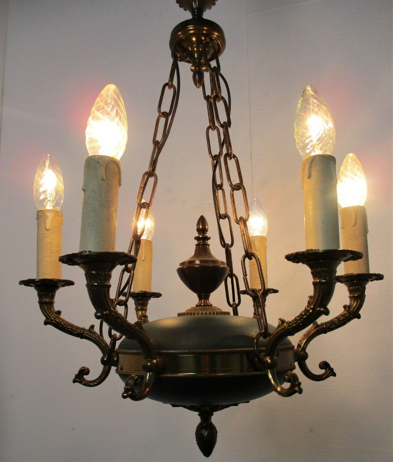 French Empire  Chandelier Green Tole Brass 6 Arms Hollywood Regency Beautiful photo furniture