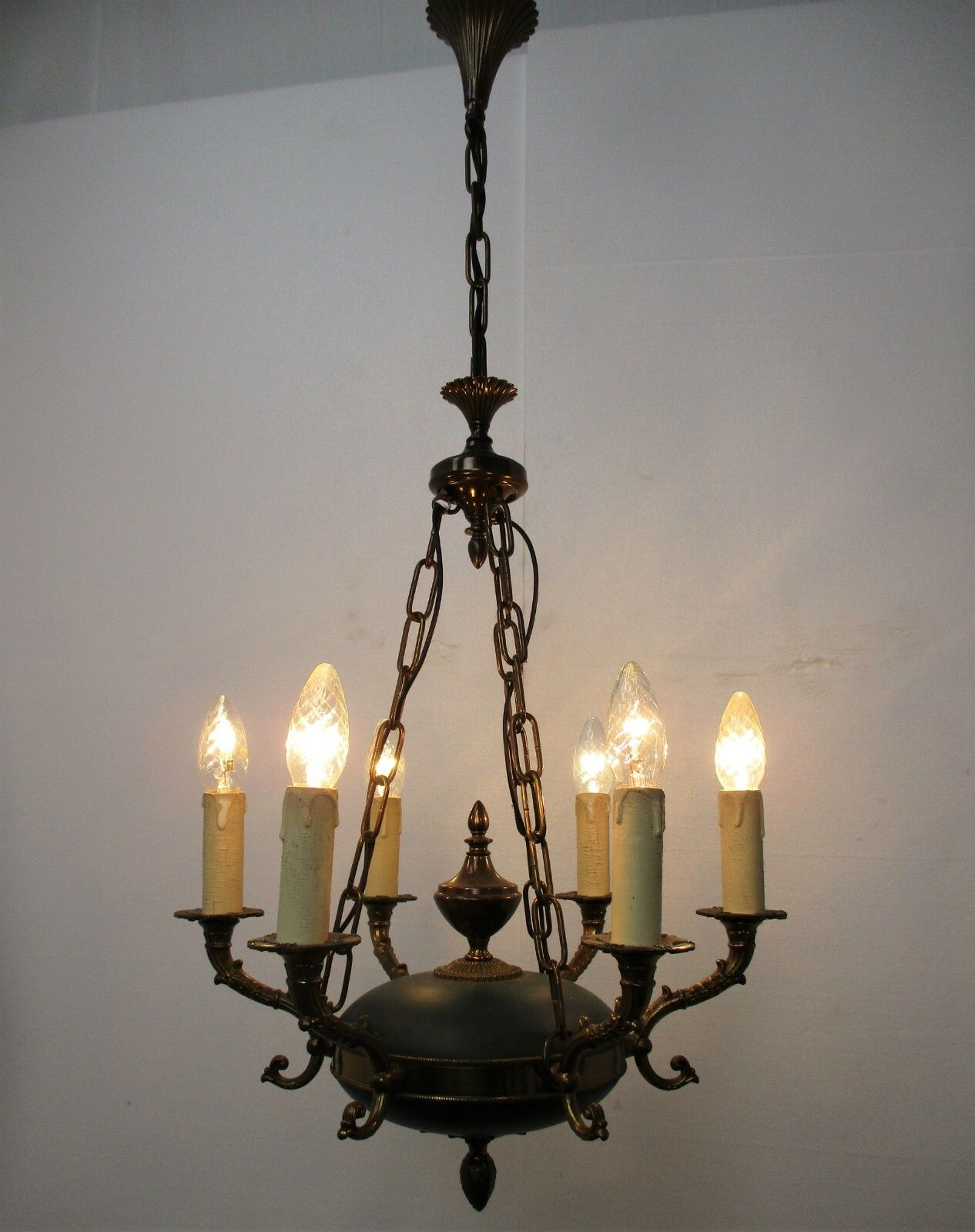 French Empire  Chandelier Green Tole Brass 6 Arms Hollywood Regency Beautiful photo vinterior