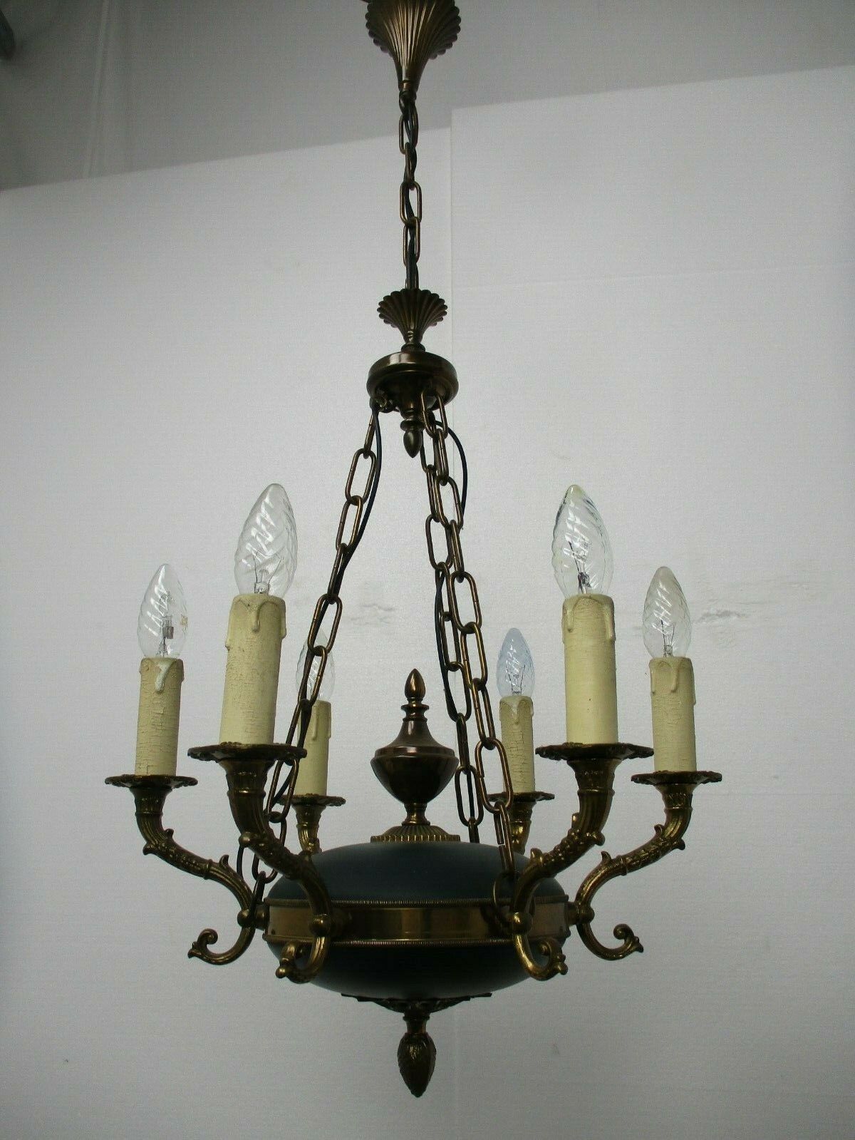 French Empire  Chandelier Green Tole Brass 6 Arms Hollywood Regency Beautiful photo vintage