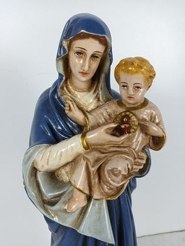 Antique Neo Gothic Statue Our Virgin Mary Infant Jesusthreading On Snake Polychr photo vintage