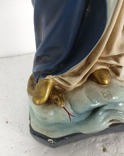 photo for sale Antique Neo Gothic Statue Our Virgin Mary Infant Jesusthreading On Snake Polychr