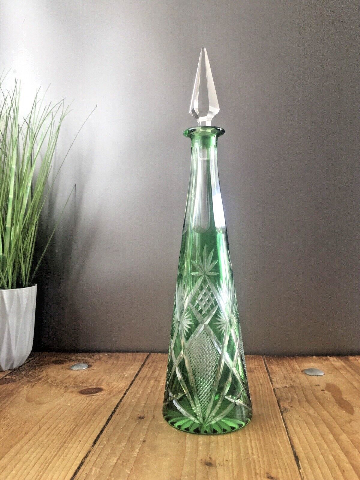 Stunning Antique Bohemian Crystal Green Cut To Clear Glass Decnater   St Louis ? photo Home Decor