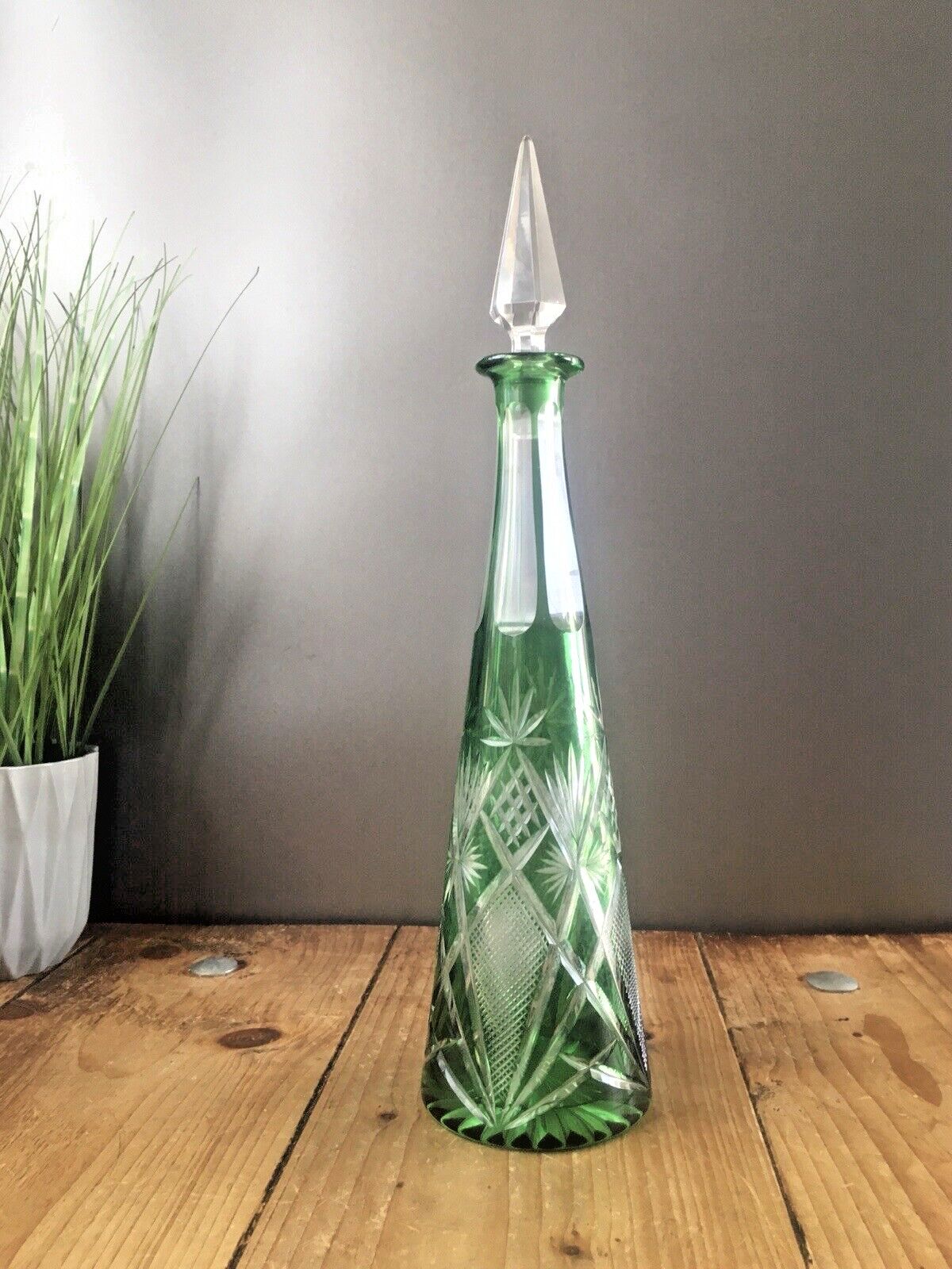 Stunning Antique Bohemian Crystal Green Cut To Clear Glass Decnater   St Louis ? photo vinterior