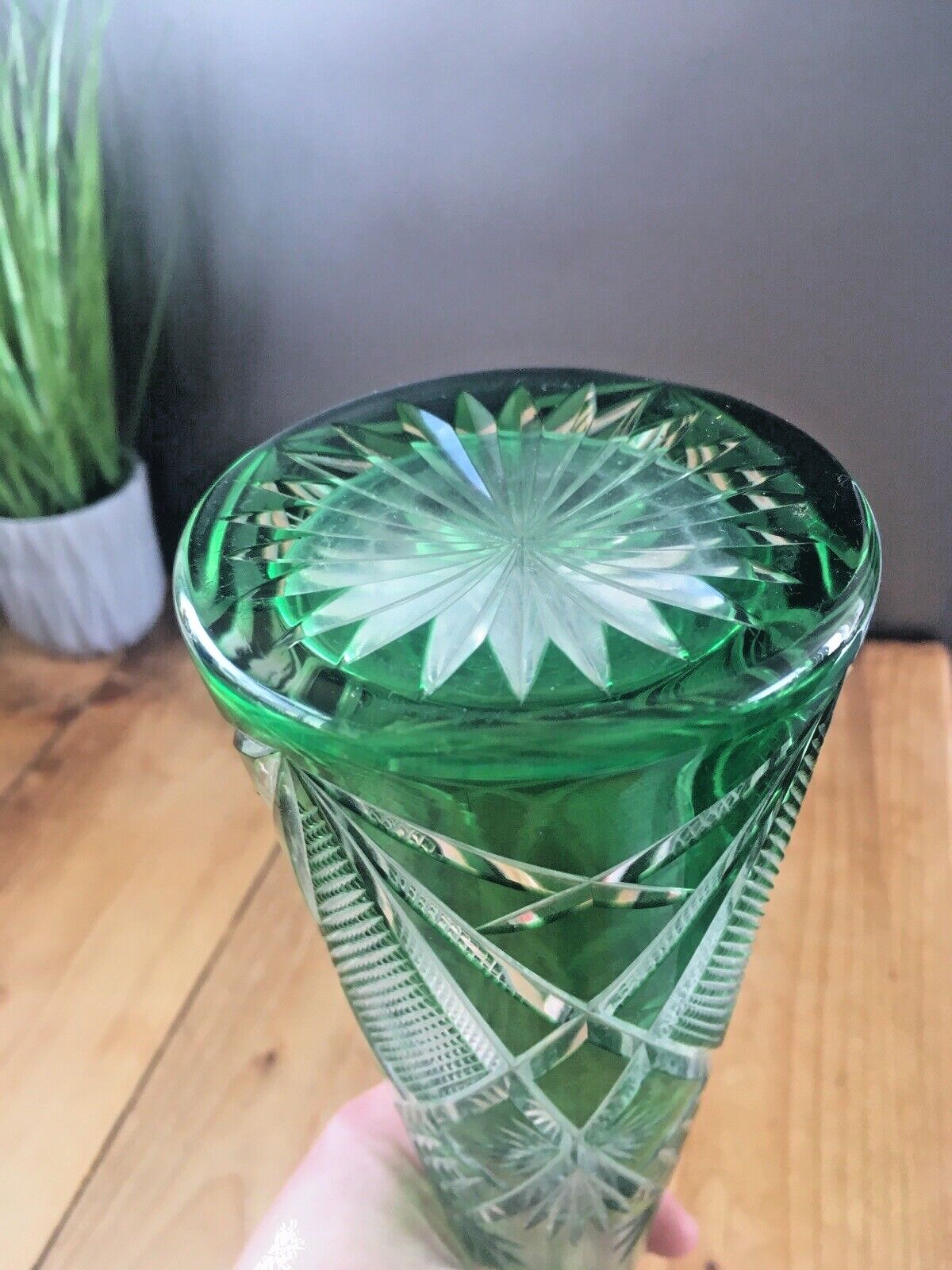 photo for sale Stunning Antique Bohemian Crystal Green Cut To Clear Glass Decnater   St Louis ?
