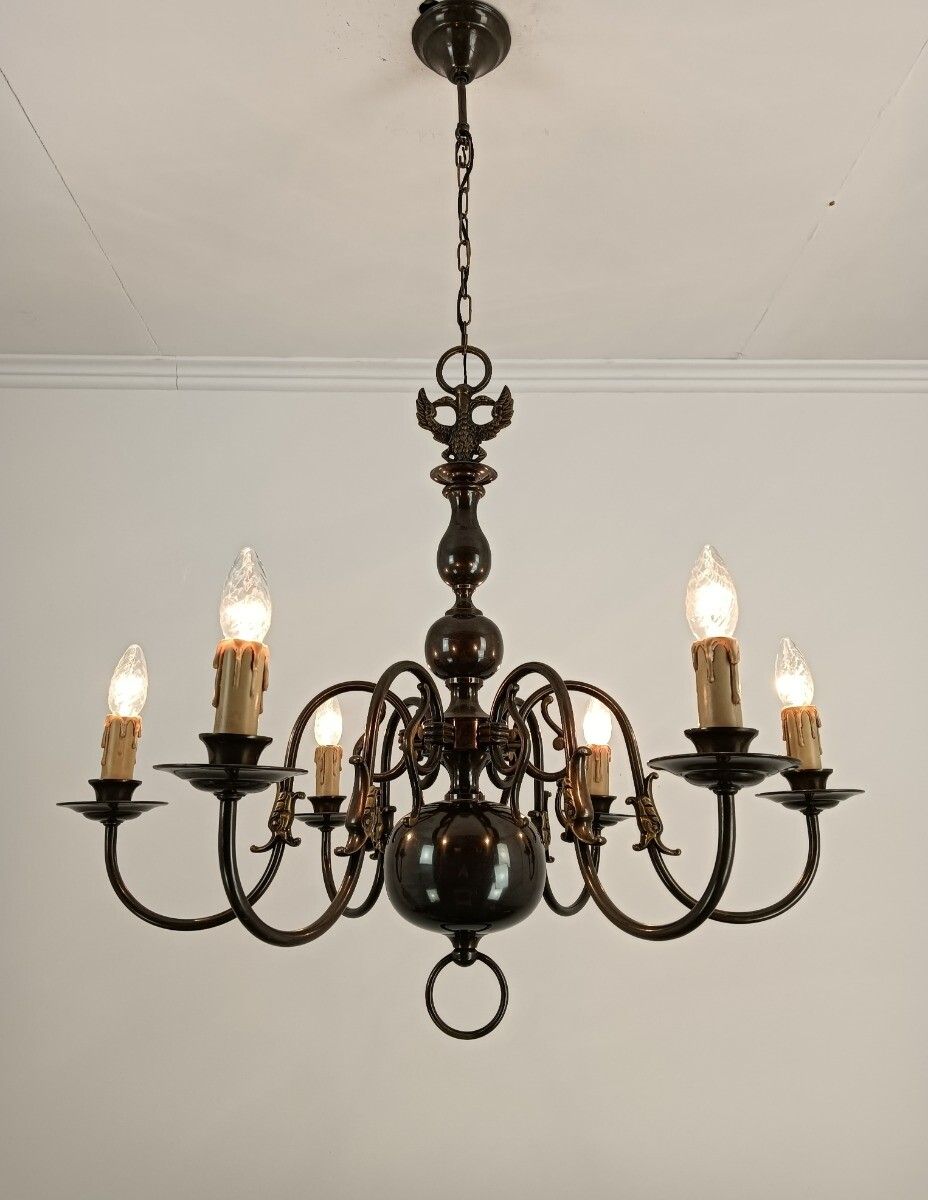 Flemish Dutch Chandelier 6 Arm Lights Brass Eagles Farm Countryhouse Style Vinta photo furniture