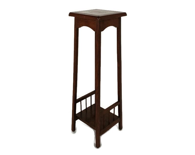 Vintage Wood Pedestal Display Table Plant Stand Tile Victorian Scene Two Tier Ba