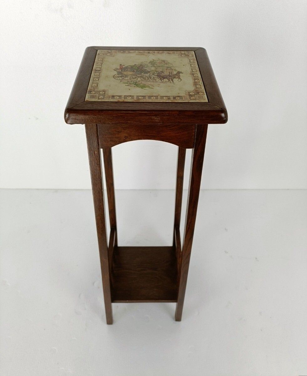 Vintage Wood Pedestal Display Table Plant Stand Tile Victorian Scene Two Tier Ba photo furniture