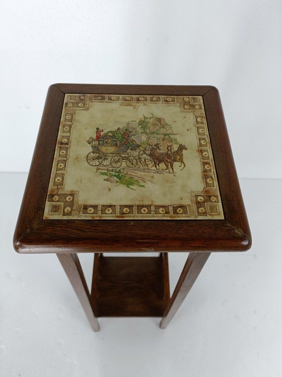 Vintage Wood Pedestal Display Table Plant Stand Tile Victorian Scene Two Tier Ba photo 101.0