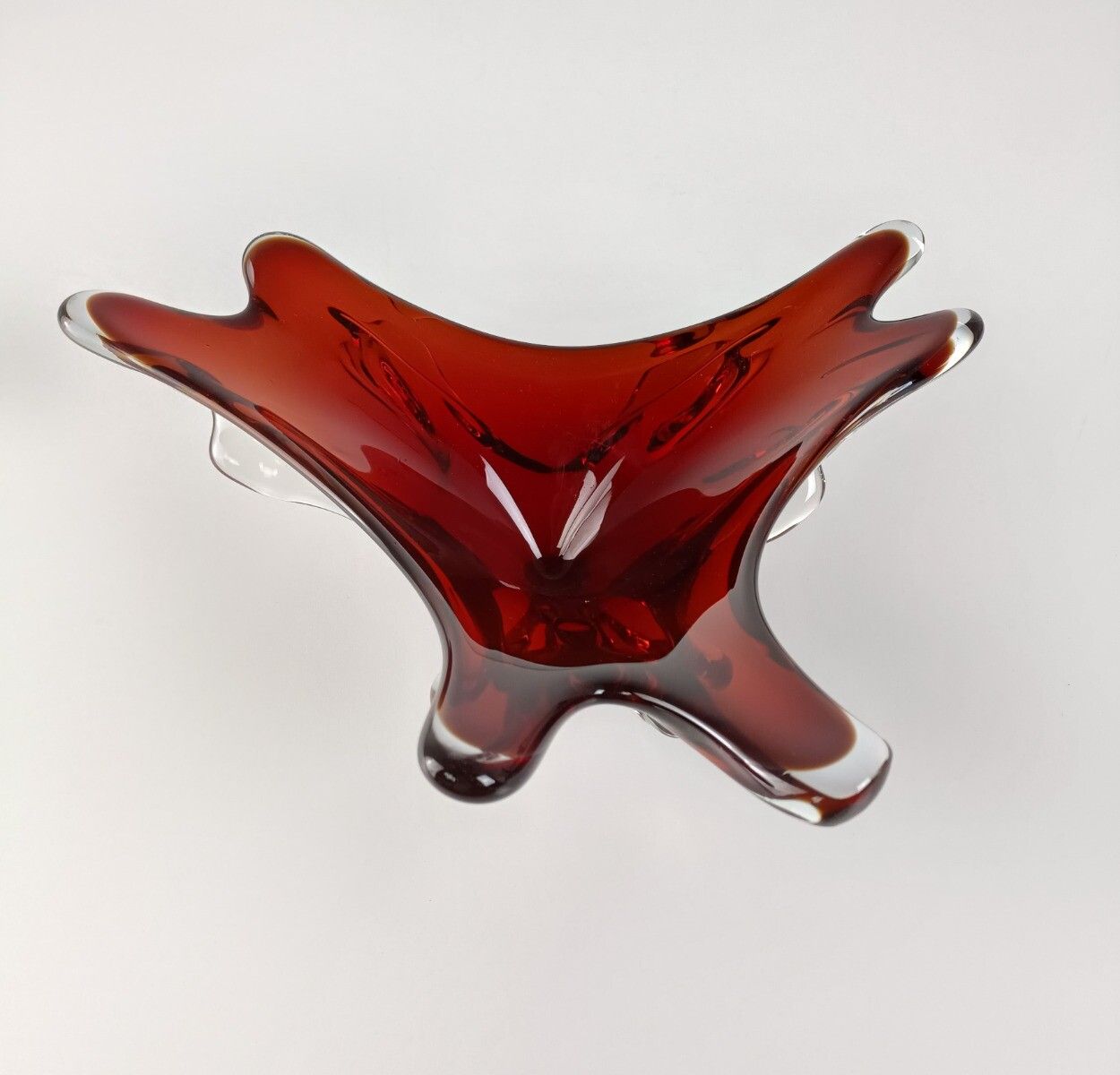 Italian Cranberry Clear Bowl Dish Centerpiece Murano Seguso Art Glass Modernist photo for sale