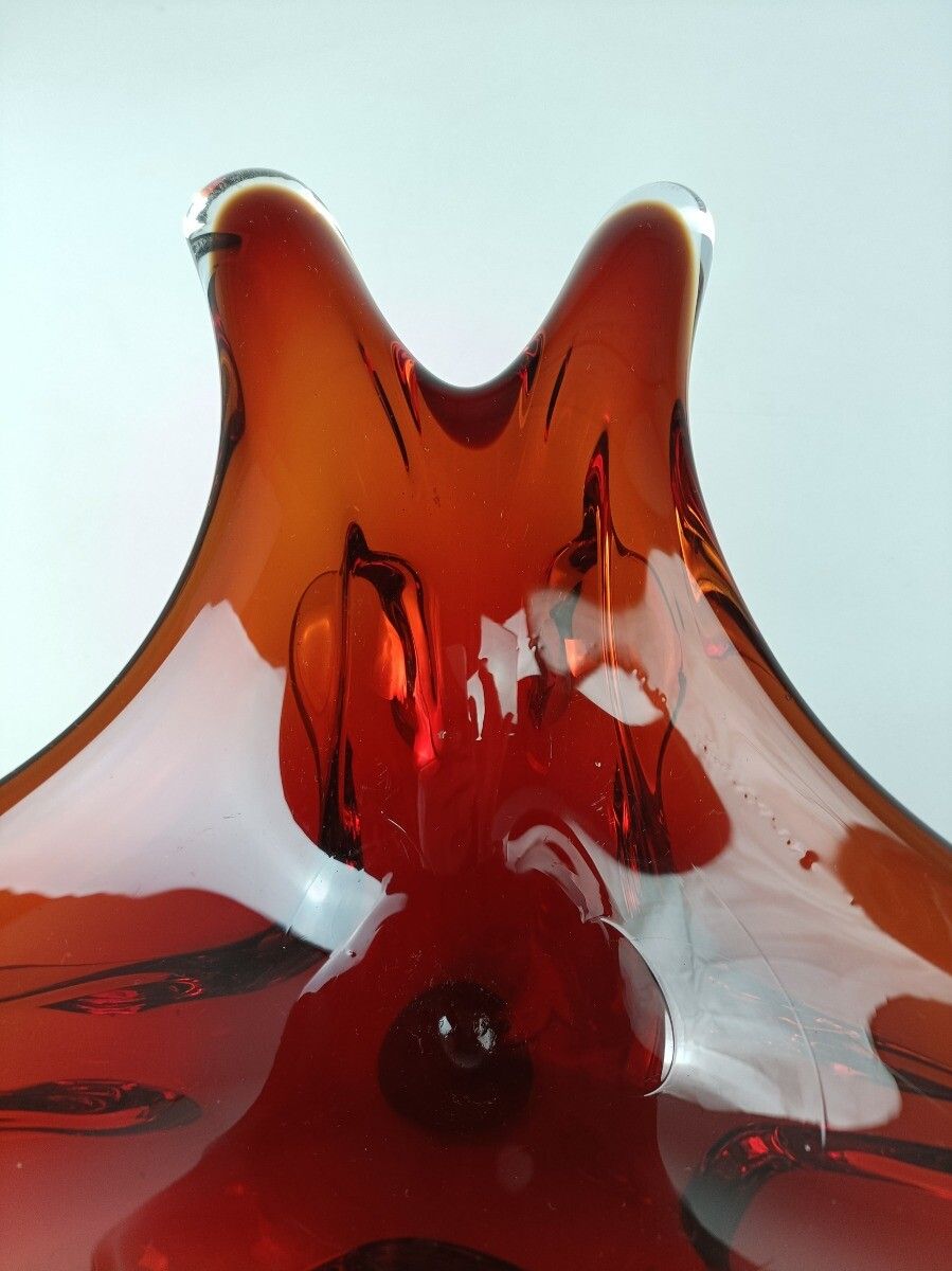 Italian Cranberry Clear Bowl Dish Centerpiece Murano Seguso Art Glass Modernist photo 190.0