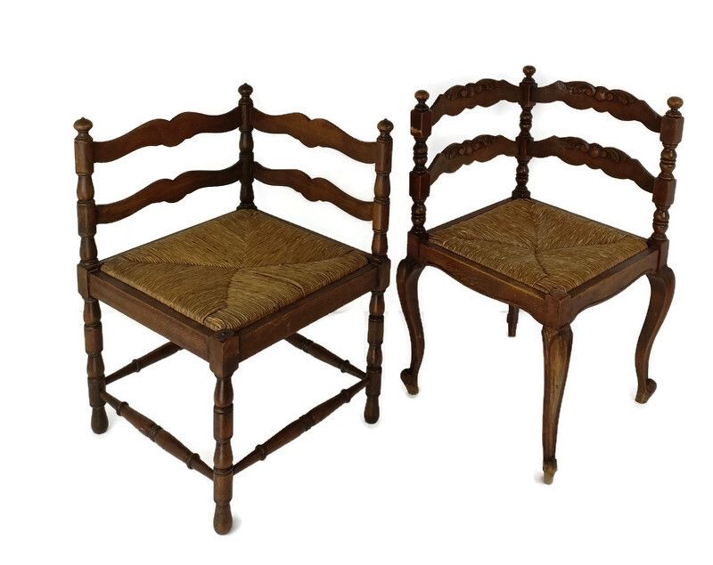 Couple Pair Wood Corner Chairs Barn Style And Louis XV Style  Beautiful