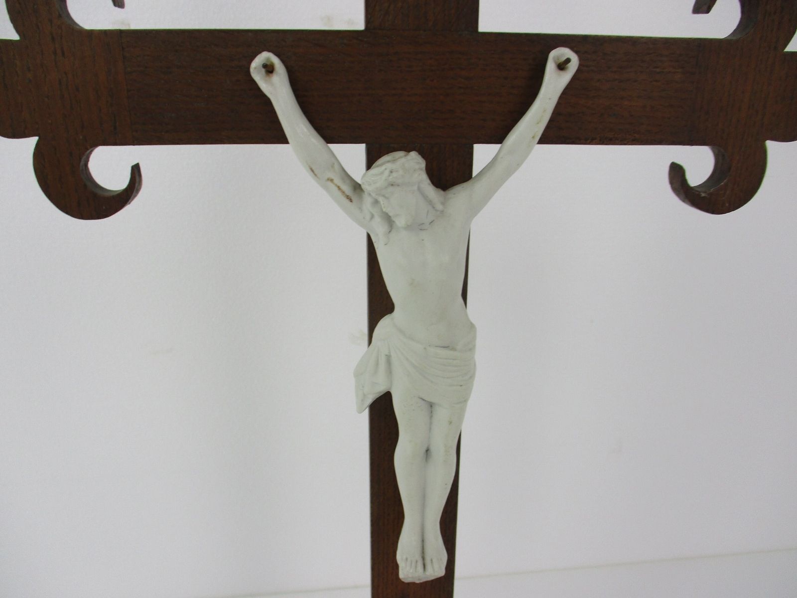 Large French Standing Crucifix Cross Wood Porcelain Corpus Fleur De Lis Lys photo for sale