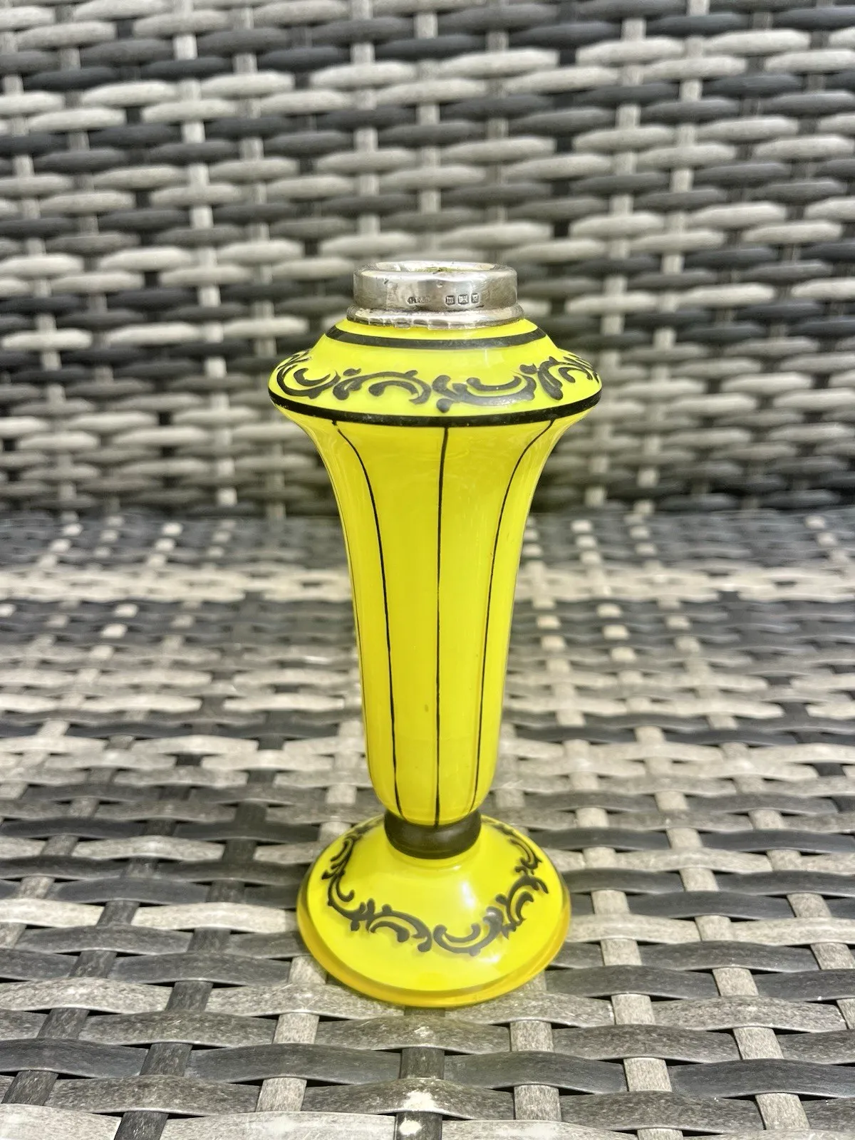 Art Deco Bohemian Silver Rim Czech Yellow Tango Glass Pinstripe Vase Loetz Welz photo for sale