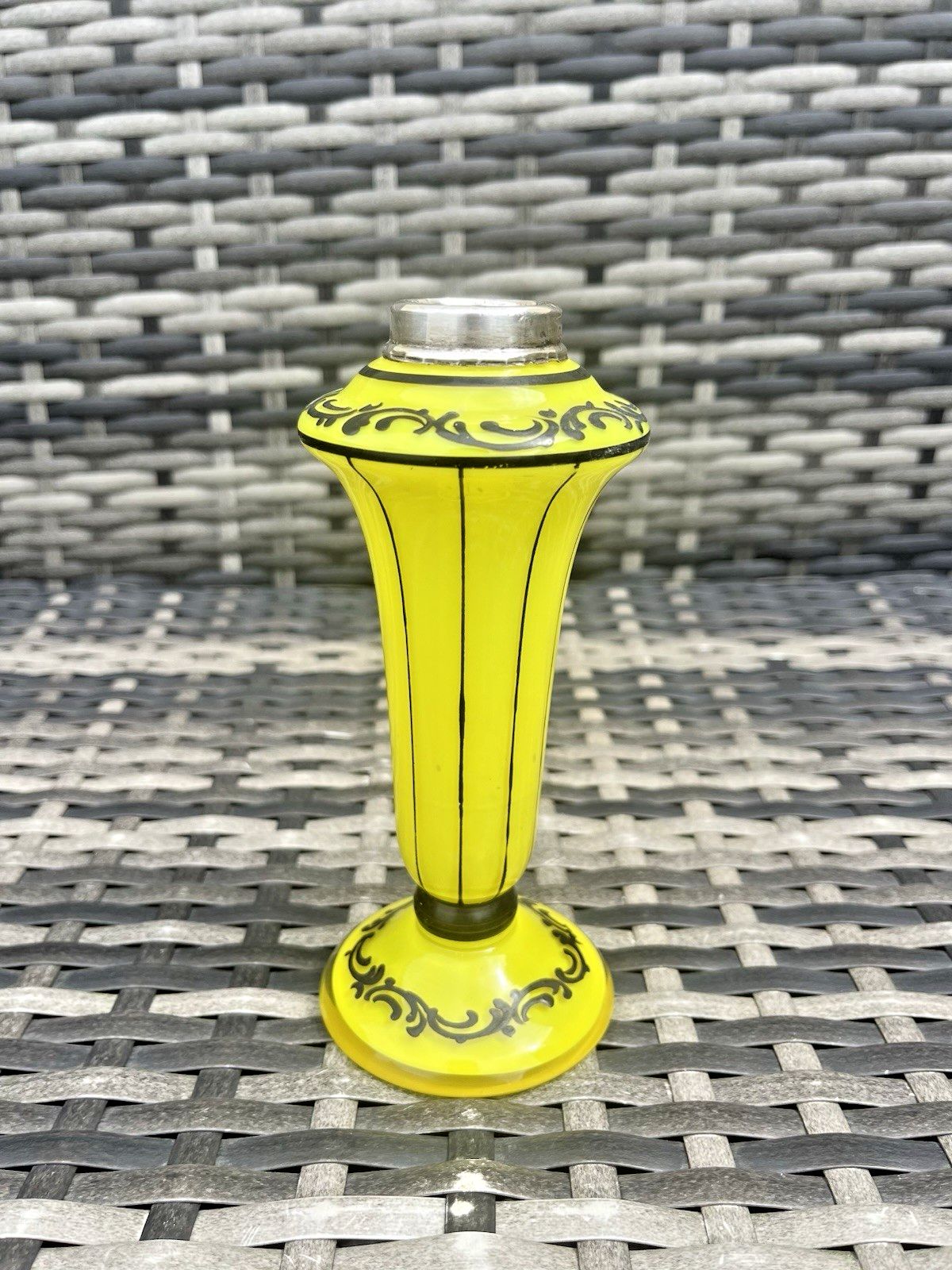 Art Deco Bohemian Silver Rim Czech Yellow Tango Glass Pinstripe Vase Loetz Welz photo 125.0
