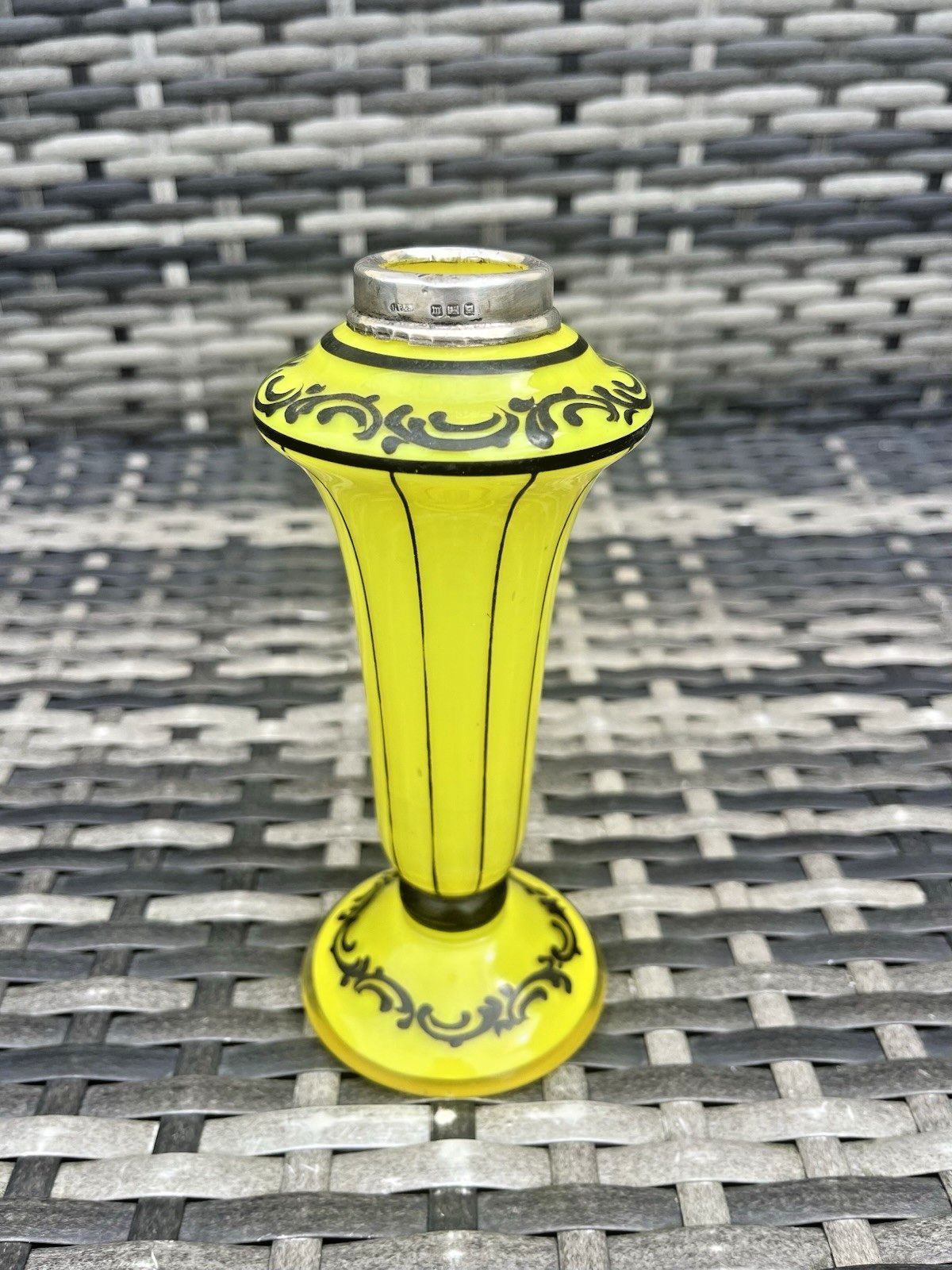 photo for sale Art Deco Bohemian Silver Rim Czech Yellow Tango Glass Pinstripe Vase Loetz Welz