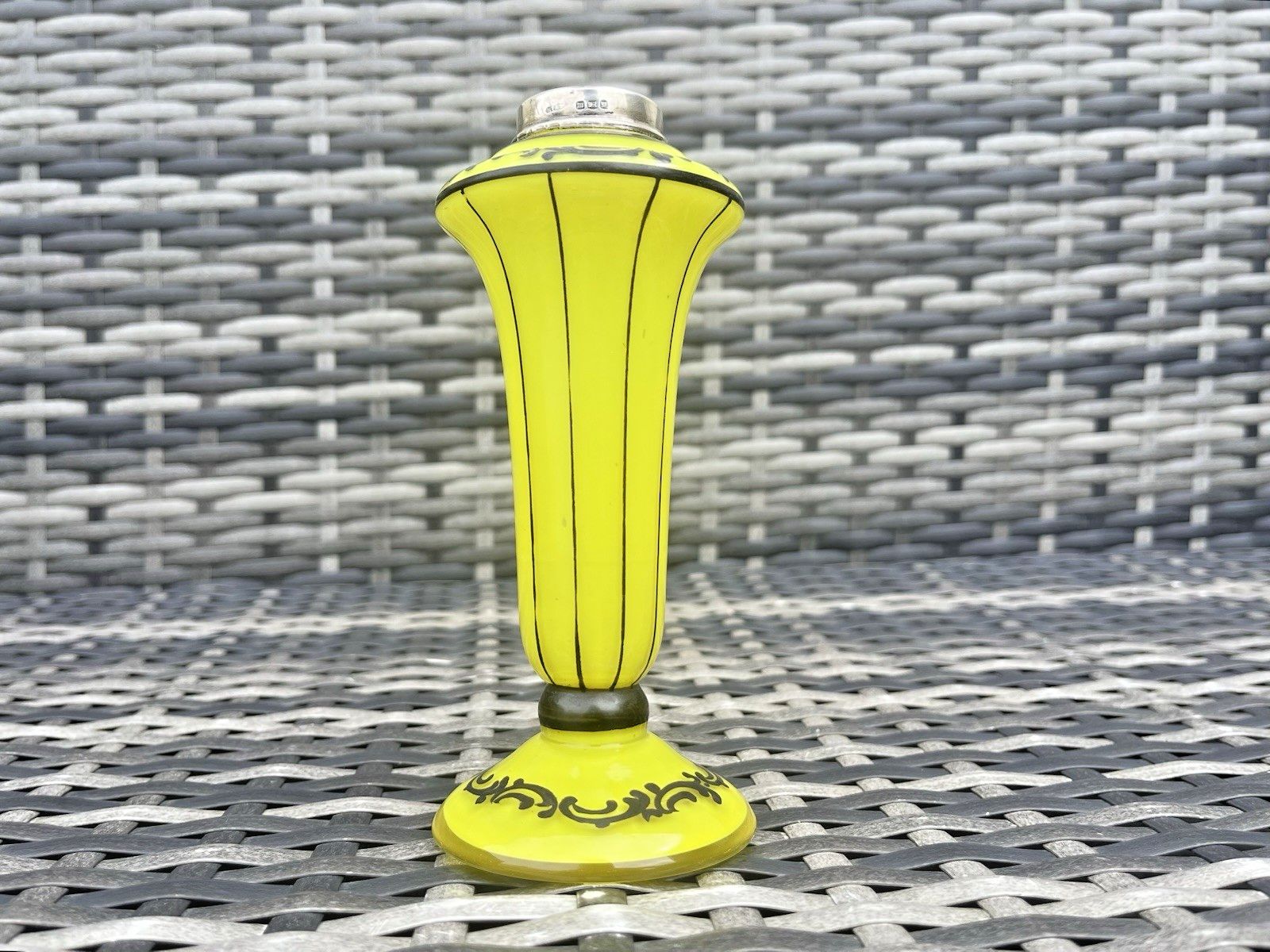 Home Decor Art Deco Bohemian Silver Rim Czech Yellow Tango Glass Pinstripe Vase Loetz Welz photo