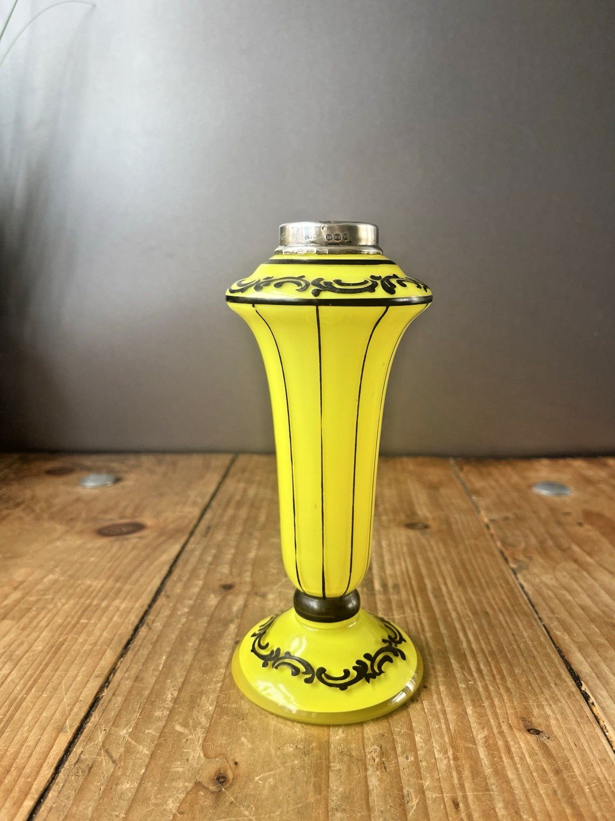 photo vinterior Art Deco Bohemian Silver Rim Czech Yellow Tango Glass Pinstripe Vase Loetz Welz