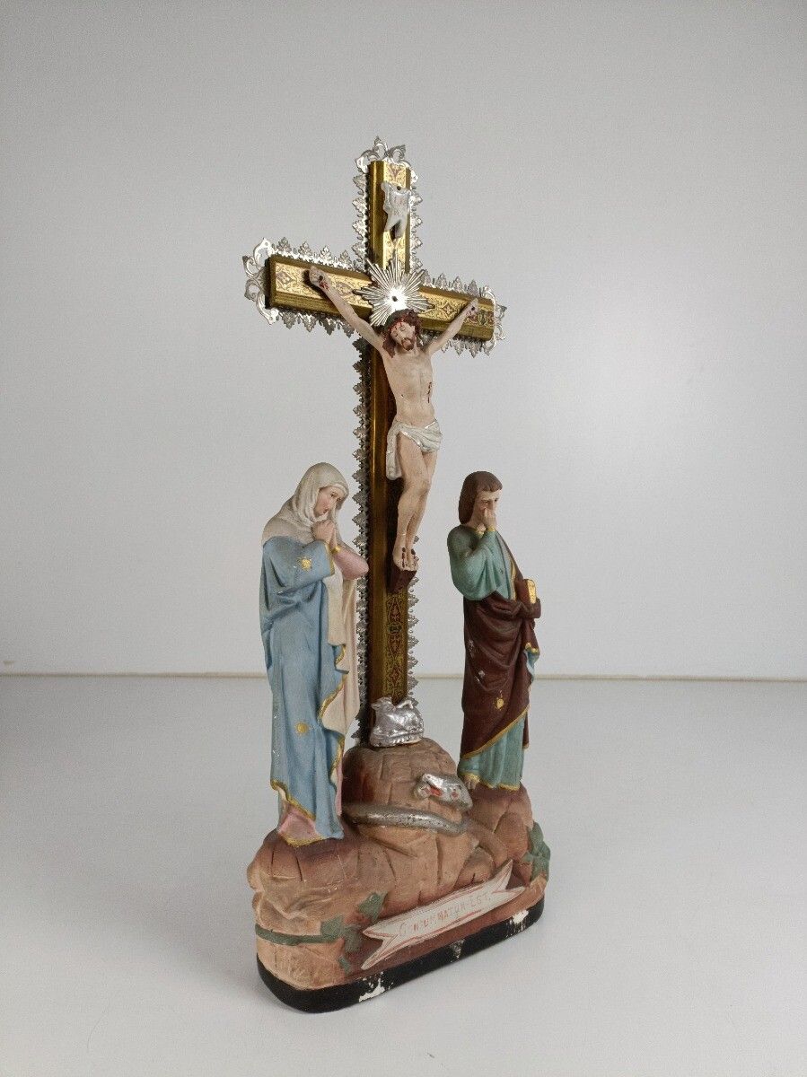 Calvary Crucifix Christ Crucifixion Mary Magdalene St John The Apostle  Plaster photo for sale